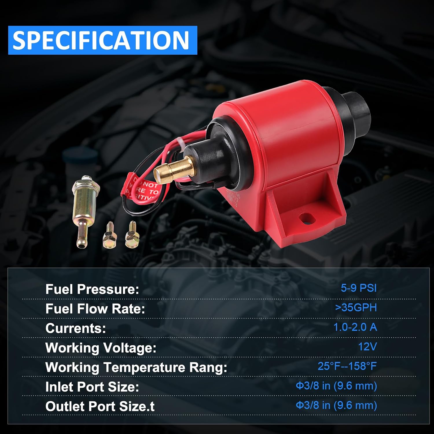 Universal 12V Electric Fuel Pump, 5-9 PSI Low Pressure Inline Fuel Pump for Carburetor, Gas & Diesel Engines, 35GPH 132LPH with 3/8" Barb Inlet/Outlet