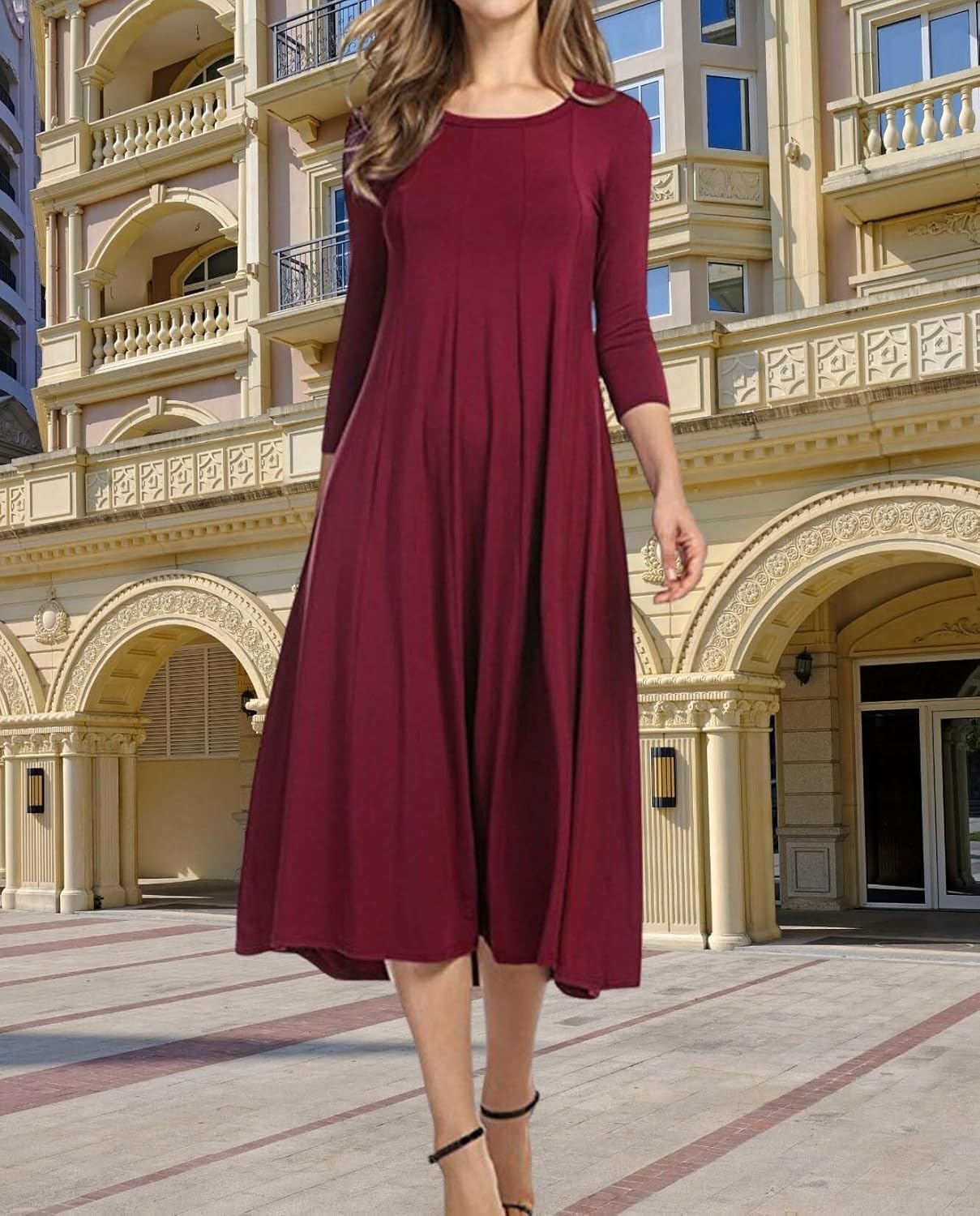 Womens Long Sleeve Dress 2025 Fall and Winter Casual Flowing A Line Solid Color Hem Long Dresses - Image 3