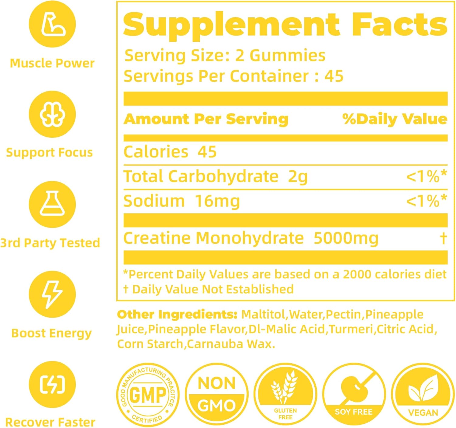 novomins Creatine Monohydrate Gummies for Men & Women, Chewables Creatine Monohydrate for Muscle Strength, Muscle Builder, Energy Boost, Pre-Workout Supplement(90 Count)-Pineapple Flavor.