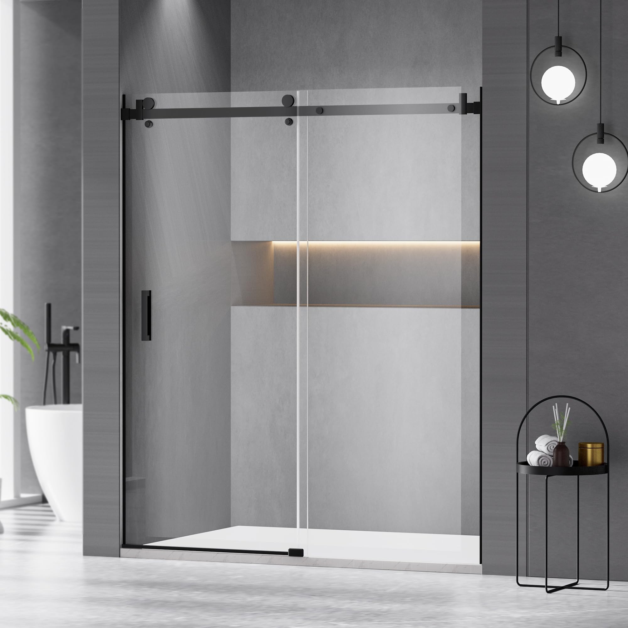 56-60" W x 72" H Shower Door,Frameless Sliding Shower Door with 1 Handle,Shower Glass Door with 5/16" (8mm) Clear SGCC Tempered Glass, Stainless Steel Hardware,Matte Black