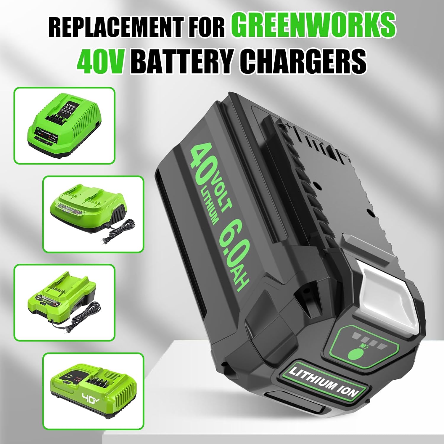 40V 6.0Ah Replacement for Greenworks 40V Battery Lithium 29252 20202 22262 25312 25322 20642 22272 27062 21242 Compatible with GreenWorks G-MAX Battery 40 Volt Cordless Chainsaw Tools(Black-1Pack)