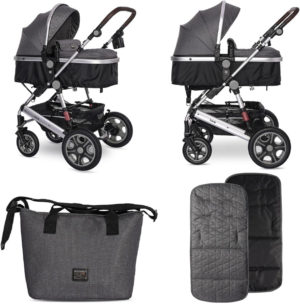 Stroller showing both carrycot and sport seat configurations