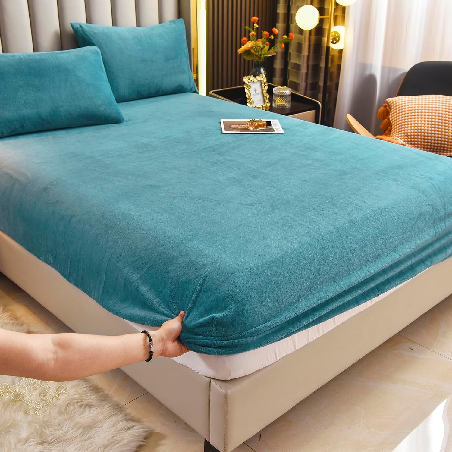 LweiPsqLin Velvet Sheets Set, Fleece Bed Sheets with Extra Deep Pockets, Plush Warmth - Fitted Sheet, Flat Sheet & Pillowcase Set - Suitable for Fall, Winter & Spring (Teal Blue, Queen)