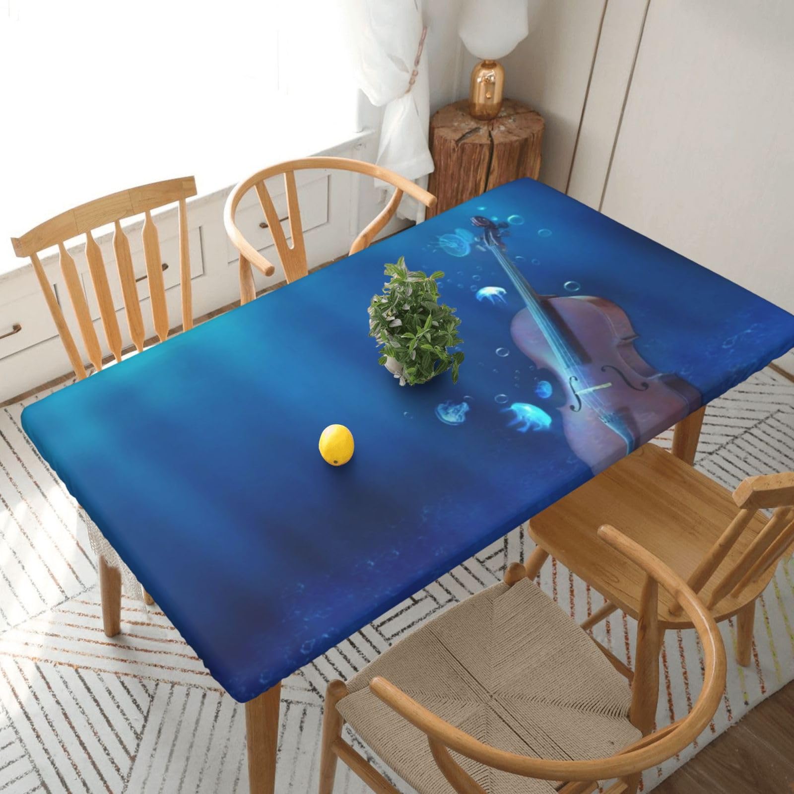 DCEHGEW Elastic Fitted Rectangle Tablecloth for 5ft Tables, Violin Poster Printed Oilproof & Washable Fabric Picnic Table Cloth Table Covers