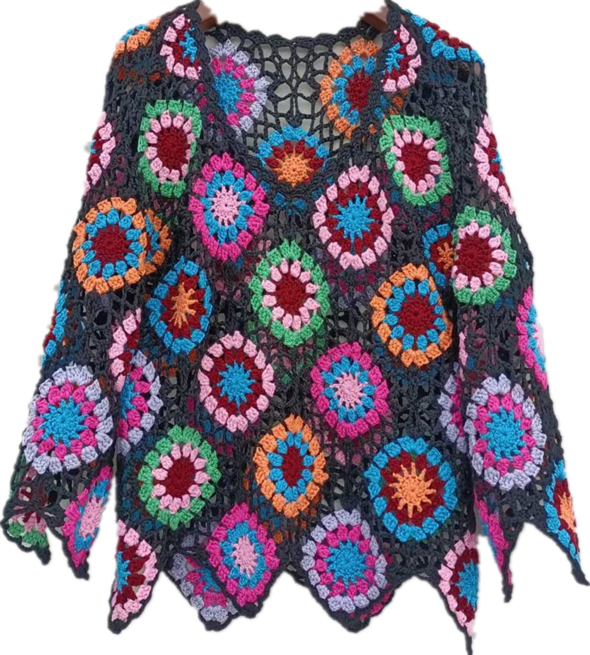 White Crochet Top Women Long Sleeve Blouse V Neck Granny Square