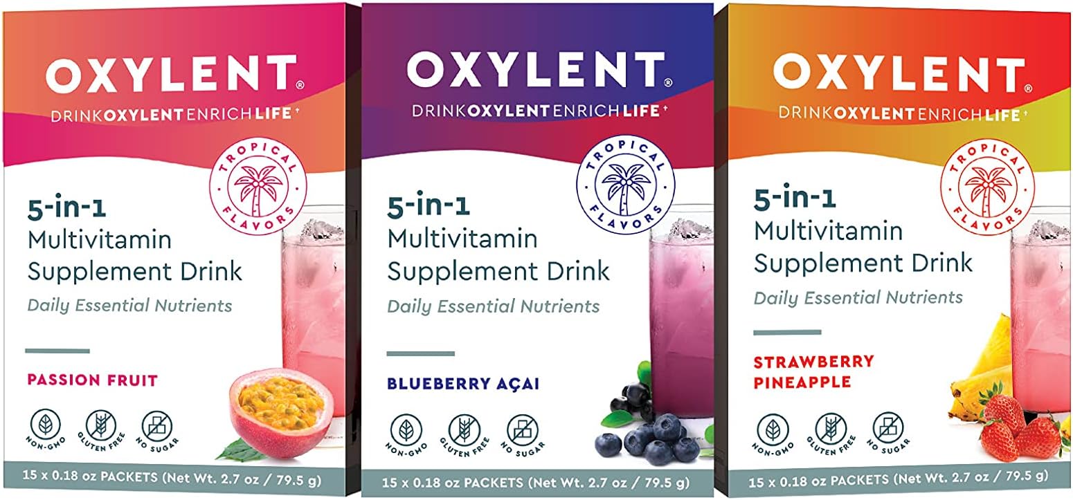 Oxylent 5-in-1 Multivitamin Powder Supplement Drink Mix - Sugar-Free & Effervescent for Easy Absorption of Vitamins, Minerals, Electrolytes, Antioxidants - Tropical Bundle 21 Servings