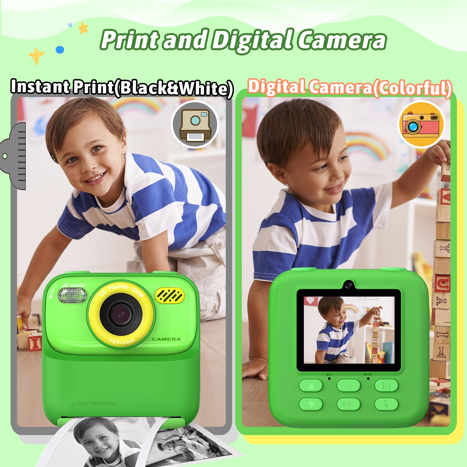 Fotocamera Istantanea Per Bambini Con Stampa Termica – 1080P HD, Schermo Da 2,4", Scheda 32GB E 3 Rotoli Di Carta, Regalo 3-12 Anni
