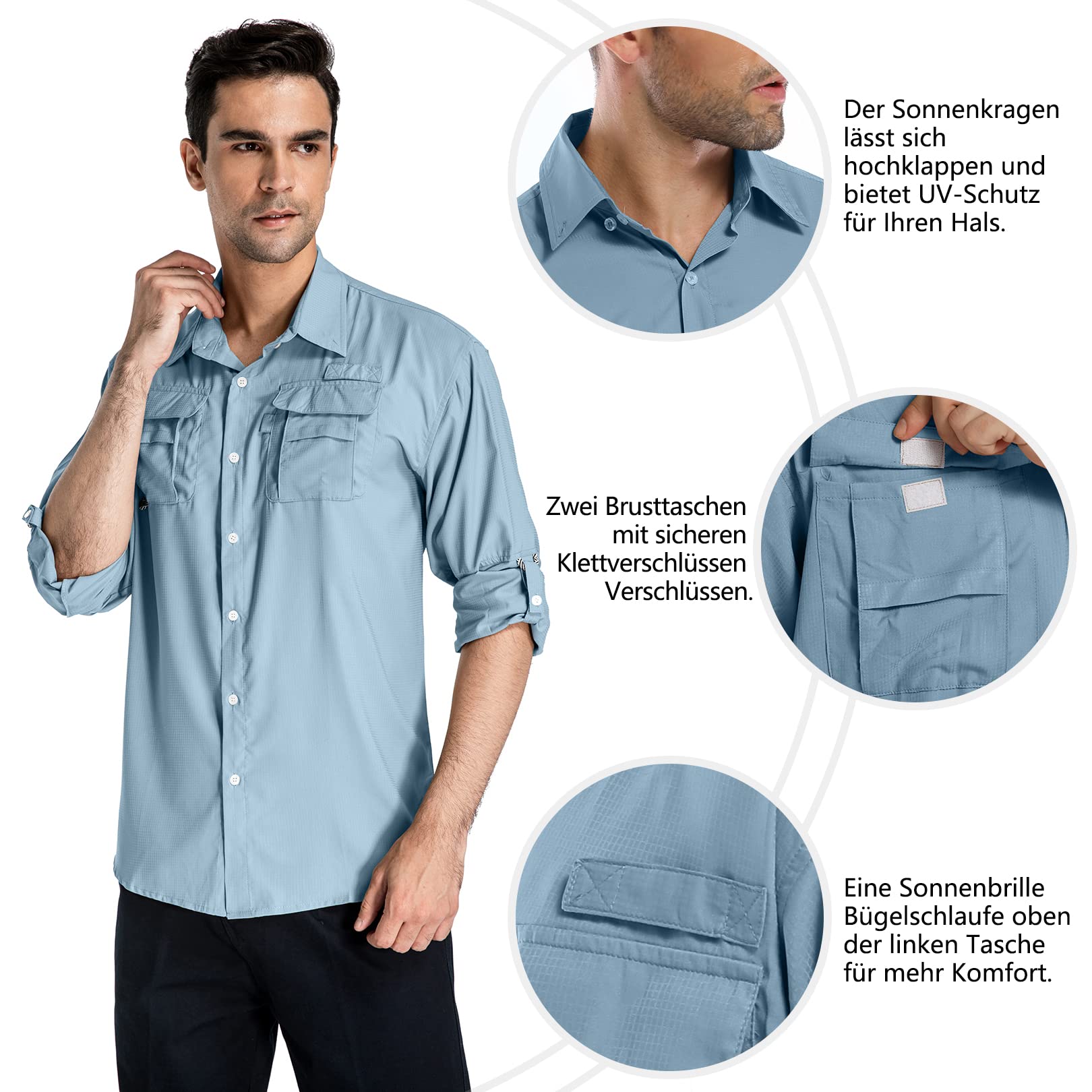 yeyity Chemise d'Extérieur à Manches Longues pour Homme UPF50+ Protection UV Safari Respirante et Fonctionnelle à Séchage Rapide pour Randonnée, Pêche, Trekking