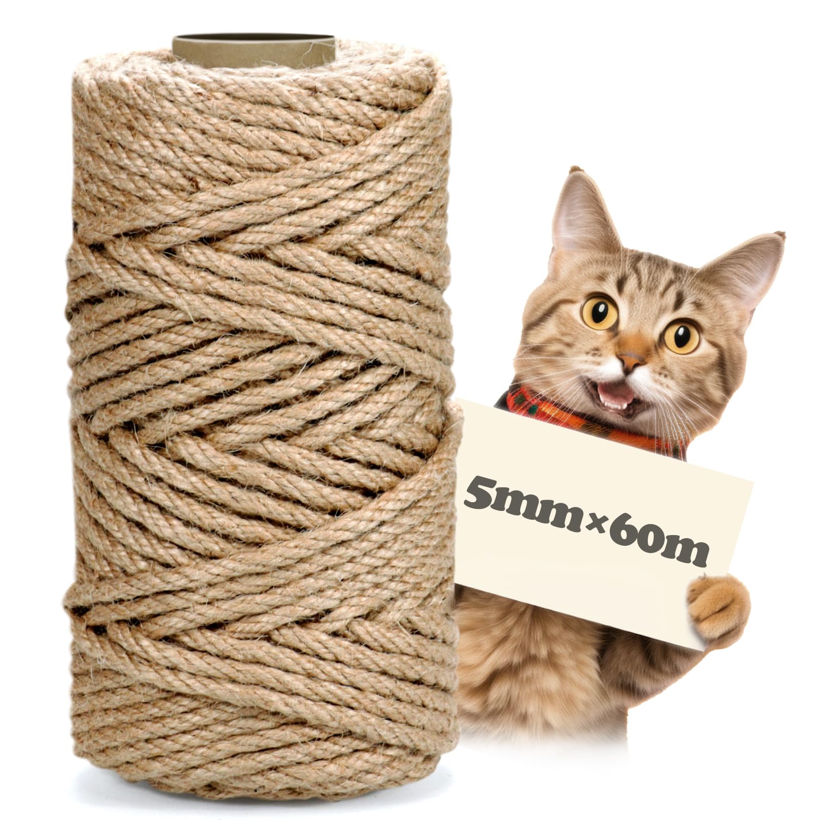 60m Natural Sisal Rope for Cat Scratching Posts - 5mm Thick, Durable & Eco-Friendly, 5 mm x 60 m