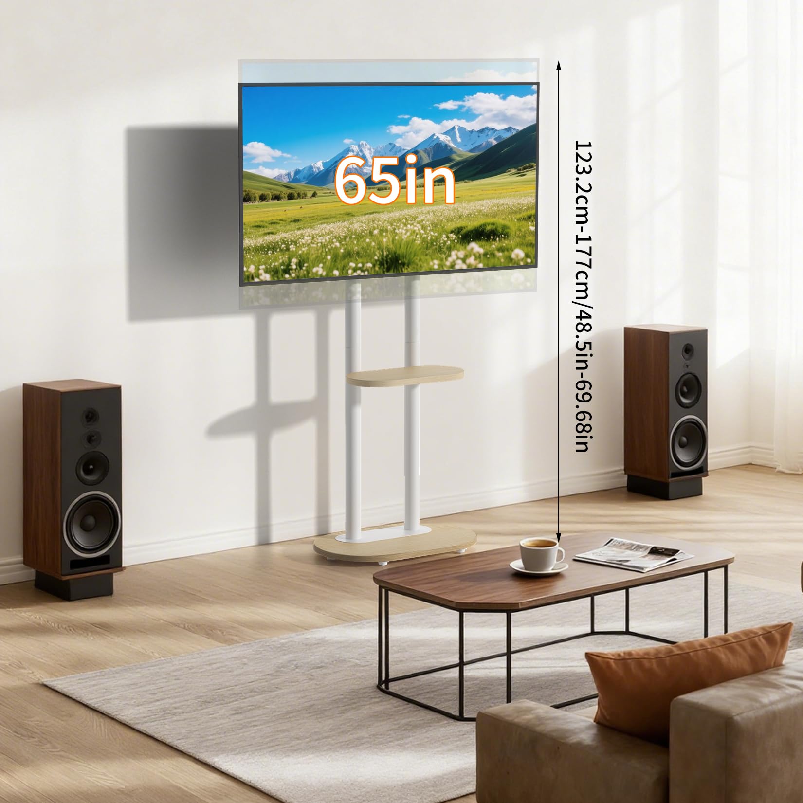 UNHO Supporto TV da Pavimento con Ruote Nascoste per 40-75 Pollici Bianco | Porta TV con Ruote, Peso Max 60kg, Max VESA 600x400mm, Legno Ripiano, Regolabile in Altezza, Doppia Colonna Stabile