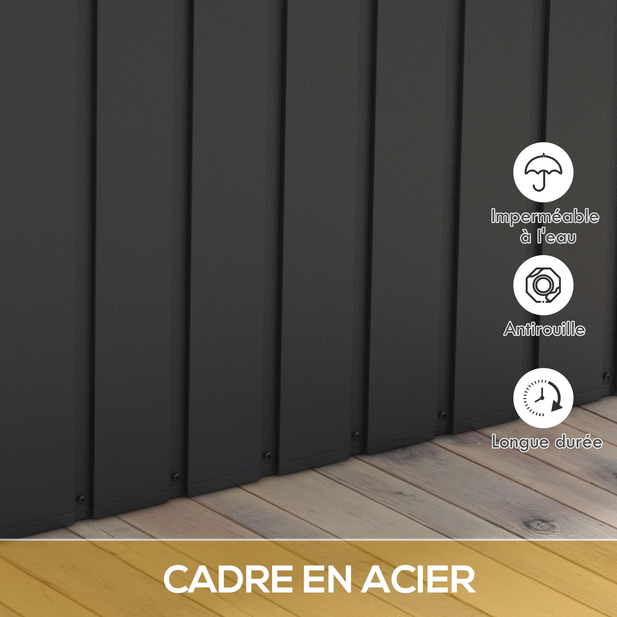 Outsunny Coffre de Rangement 450L Métal 125,5x61,5x70cm Gris Foncé | Malle de Jardin Extérieur, Poignée, Roulettes, Vérin à Gaz