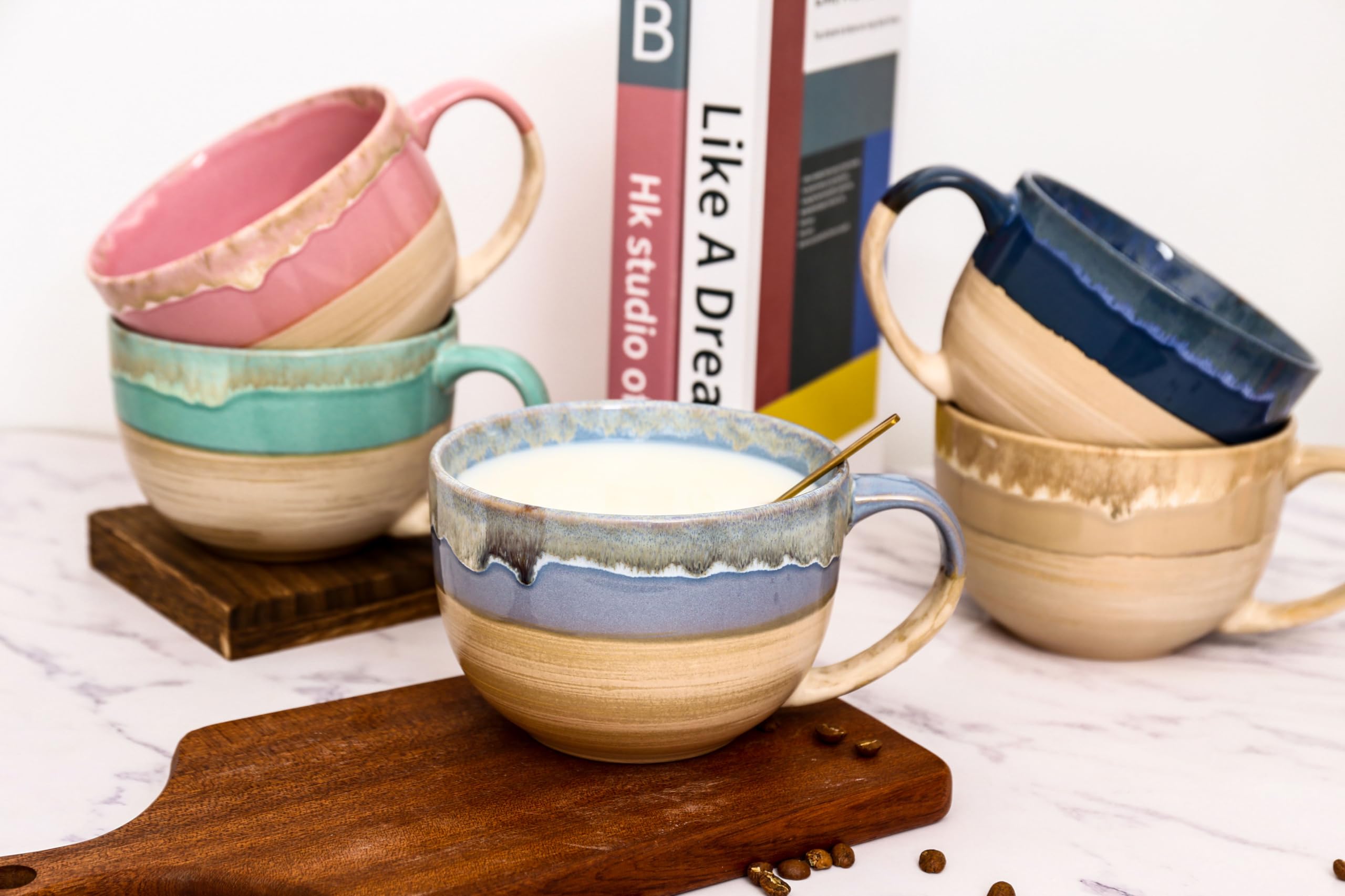 Tazze da tè in ceramica grandi da 700 ml, ciotole per cereali con manici, ciotole per zuppa, ciotole per insalata, ciotole per ramen per caffè, cereali, zuppa, snack (Blu)