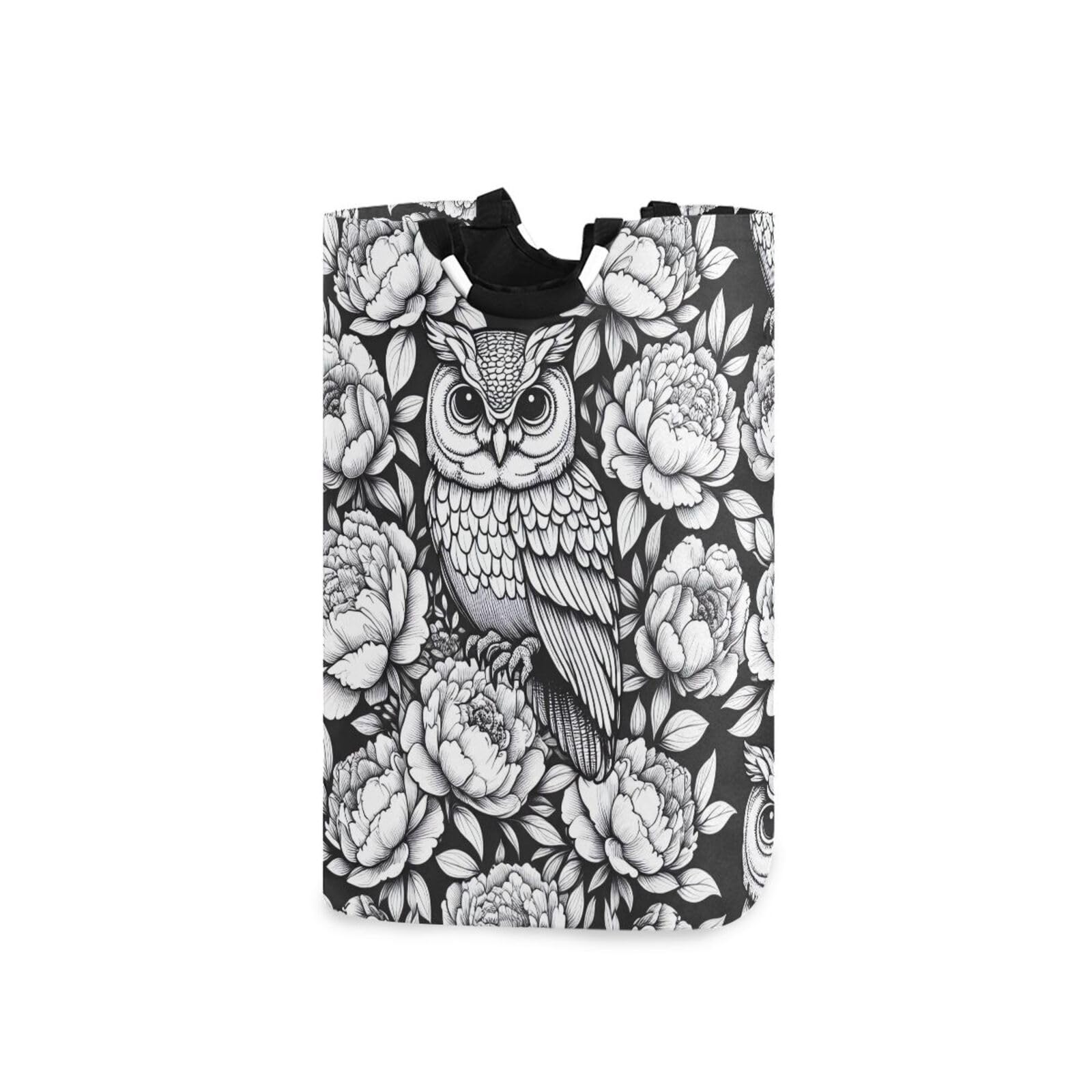 Jihqo Laundry Hamper Basket Owl with Peony Flowers Collapsible Nursery Storage Bin Waterproof Clothing Baskets for Home Bedroom Bathroom Washing Room