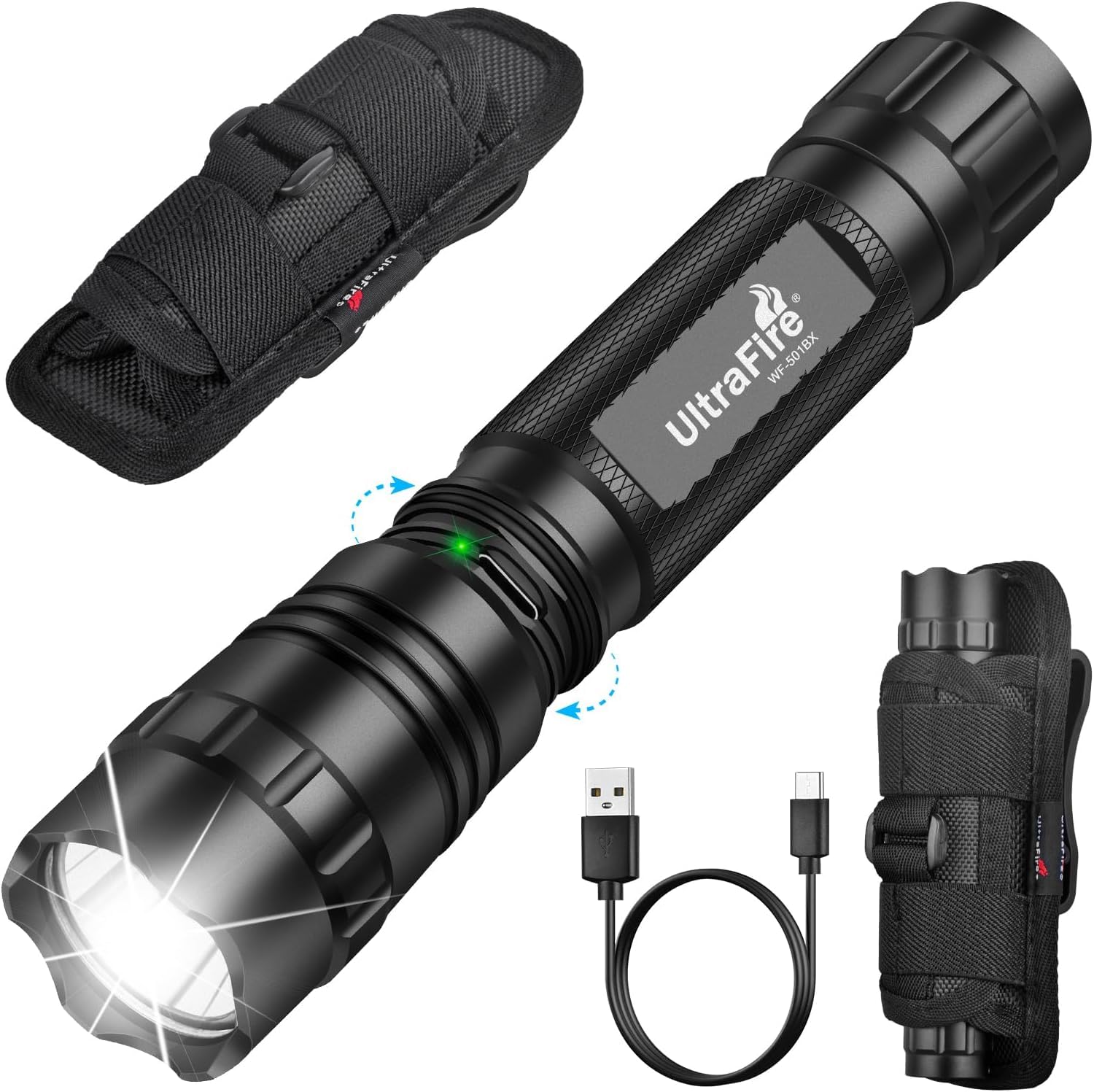 Ultrafire Matte Black Rechargeable Tactical Torch With Holster For Duty Belt, 1000 Lumens Police Torch With Belt Holster, 3 Modes For Security, Law Enforcement, Camping, Outdoor, Wf-501Bx