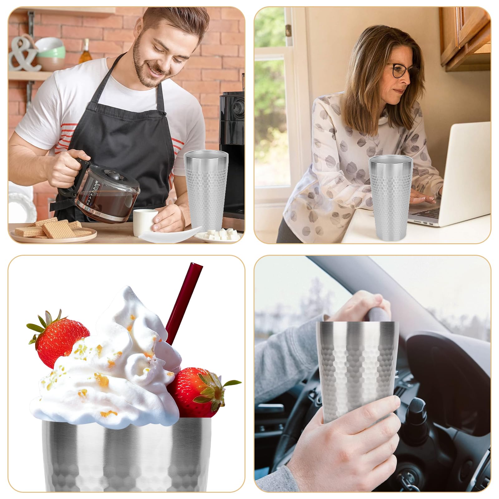 Adorila Lot de 4 gobelets isothermes en acier inoxydable à double paroi pour boire, réutilisables pour la maison, le bureau, les fêtes, le café (argenté)