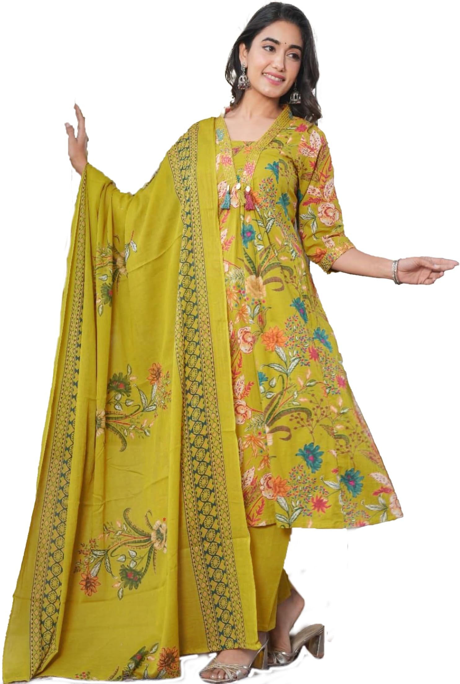 レディース コットン Anarkali Salwar Kameez セット | プリント 刺繍 フレア クルタ パンツ付き | エスニック スーツ セット