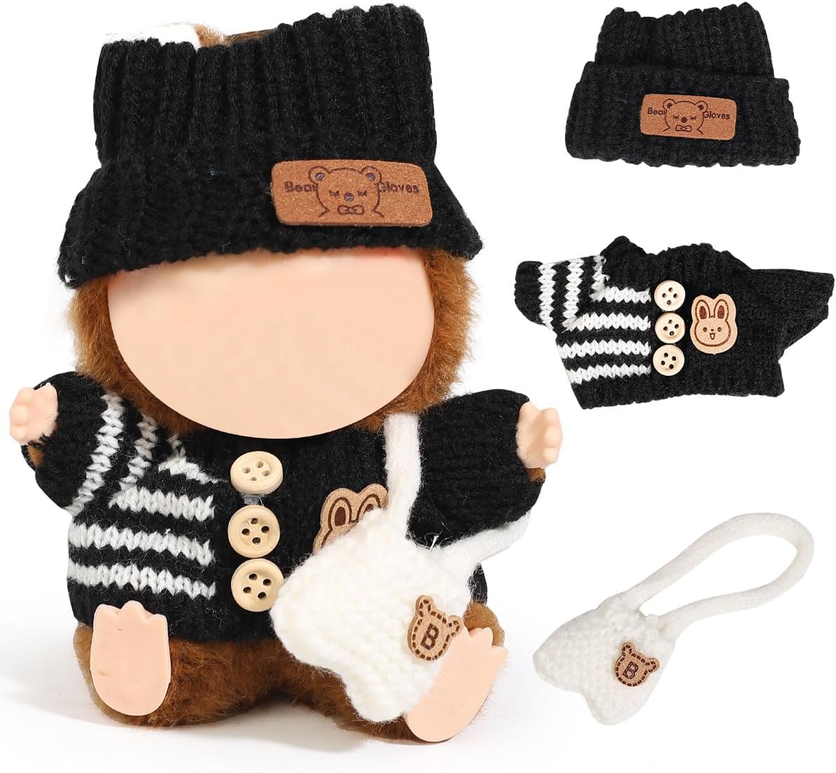 MVOHSMVOClothes for Labubu(NO Doll), 3 Pcs Set Hat Clothes Backpack for Standing/Sitting LABUBU or Any 17cm/6.7inch Doll (Black Hat/Black Clothes/White Bag)