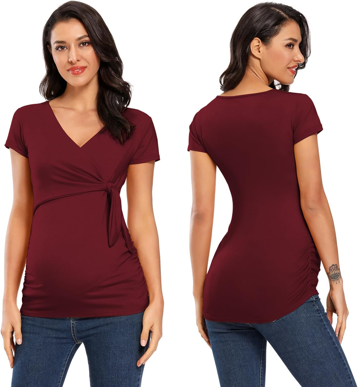 Ecavus Women's Maternity Shirts 3 Packs Short Sleeve Tie Front Wrap Pregnancy Tops V Neck Mama Clothes - Image 3