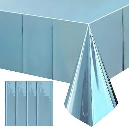 4 manteles de papel de aluminio azul claro de 54 x 72 pulgadas para baby shower, fiesta de cumpleaños congelados, manteles desechables impermeables
