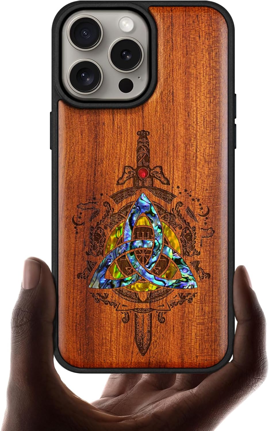 Carveit Wooden Case for iPhone 15 Pro Max Magnetic Case, Compatible with MagSafe Wireless Chargers, Shockproof Cover, Handmade Shell Inlaid & Wood Artisan Engraved (Norse Emblems) Walnut