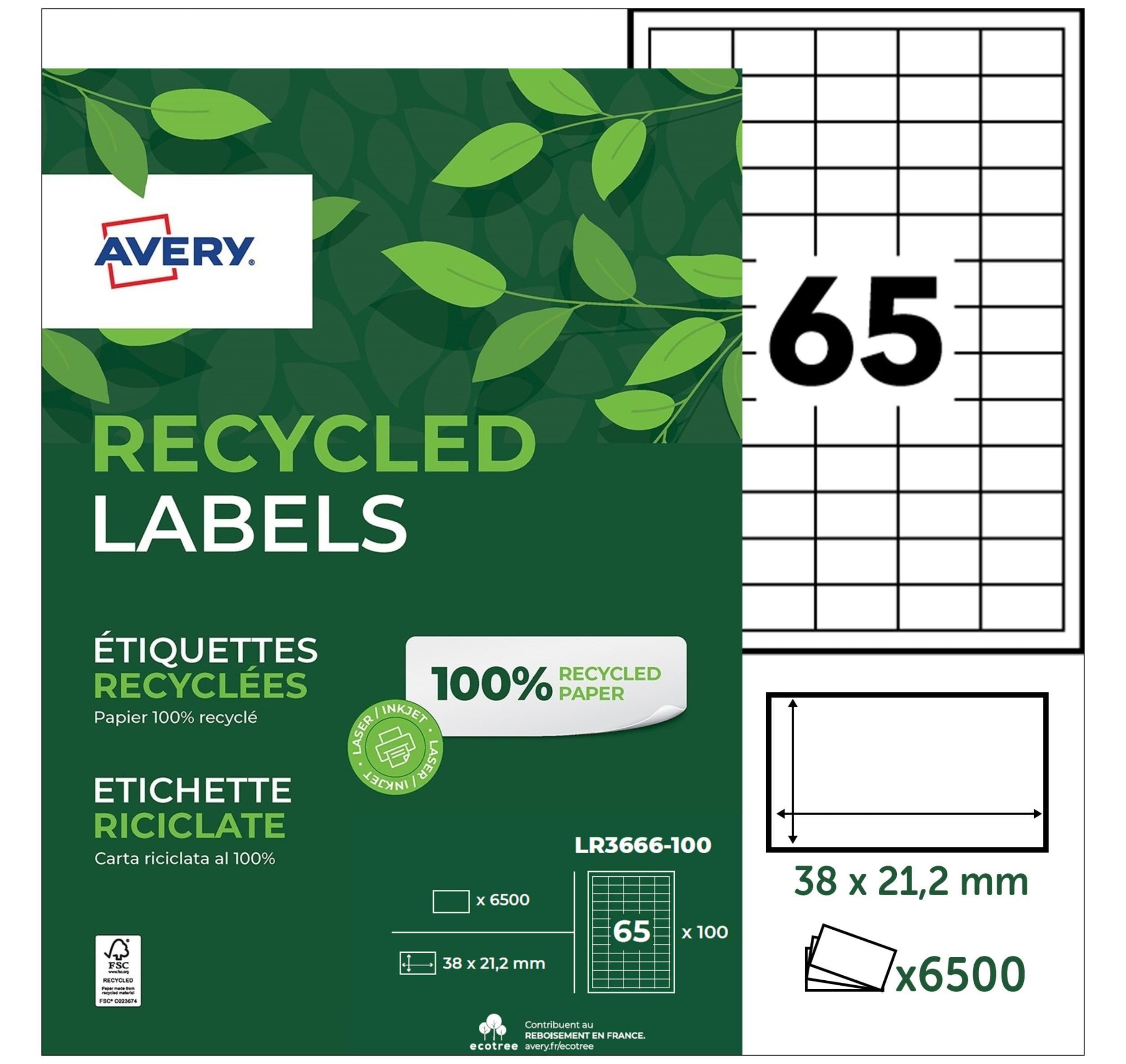 AVERY - 6500 Étiquettes Autocollantes Blanches Personnalisables - 100% Recyclées - Format 38 x 21,2 mm - Impression Laser et Jet d'Encre
