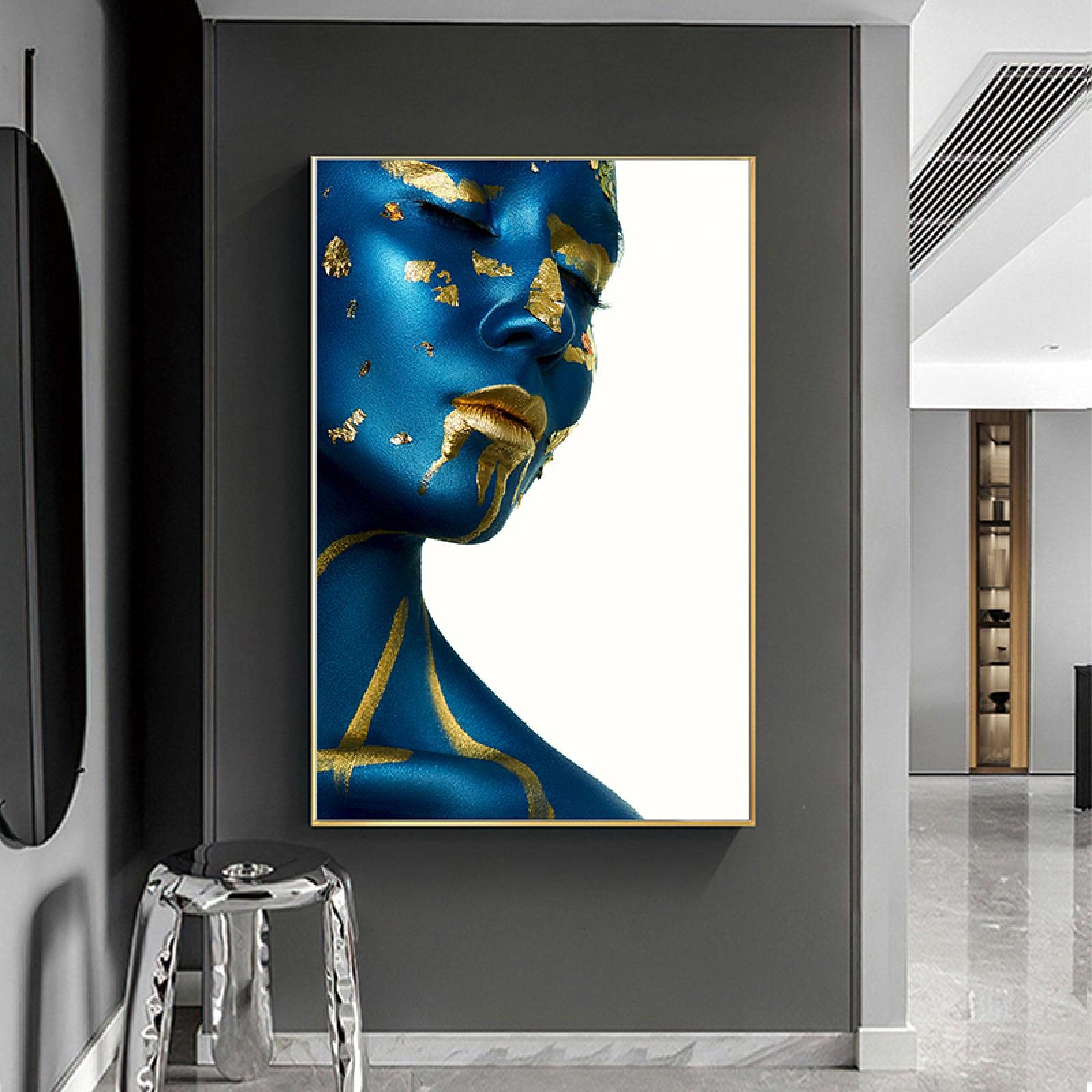 Mujer moderna retrato azul dorado lienzo pintura carteles e impresiones escandinavo cuadro de arte de pared para decoración de habitación 50x70x2cm marco interno