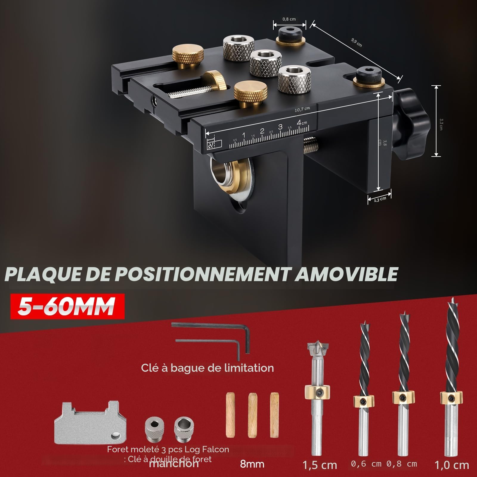 6/8/10/15mm gabarit de percage, 3 en1 kit de guide de percage réglable avec clip de positionnement Guide de perçage réglable localisateur de perforateur pour meubles