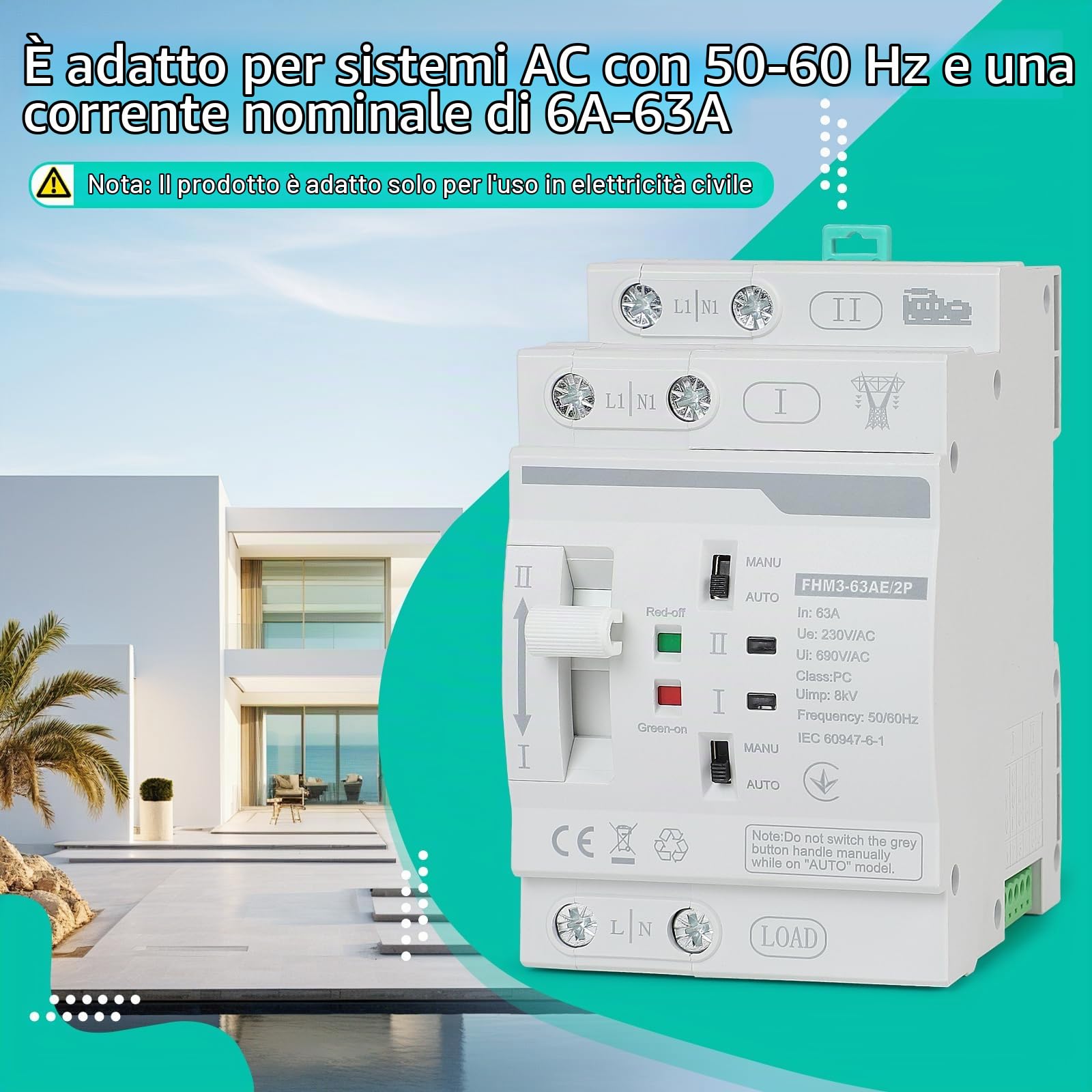 CPROSP Interruttore di Trasferimento Automatico 2 Poli DIN 220V 63A, Commutatore di Rete Automatico Fotovoltaico, Scaricatore di Sovratensione, ATS Fotovoltaico, per Impianti Domestici e Industriali