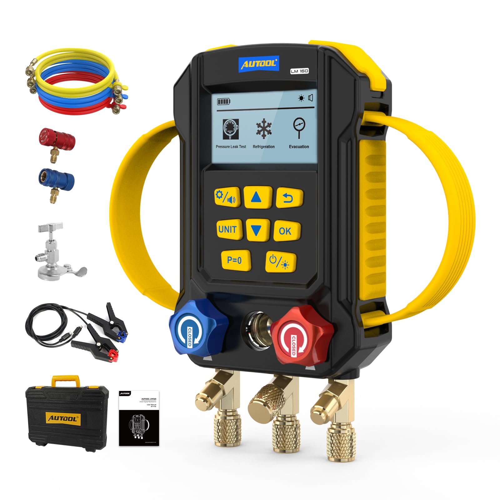 AUTOOL Manomètre Digital HVAC LM160 avec 2 Thermomètres à Pince, 3 Tuyaux, Support 95 Réfrigérants, Détection de Fuite et Mode Vide