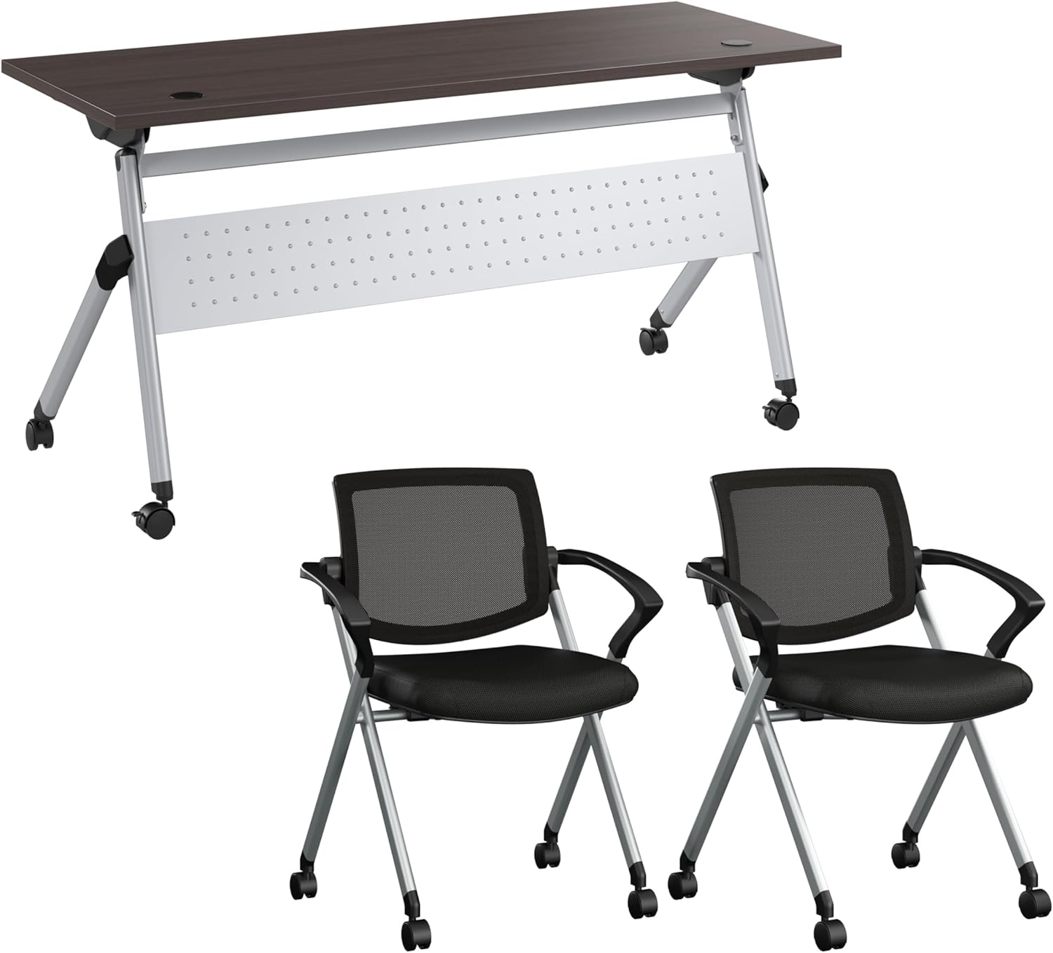 Bush Business Furniture 60-inch Folding Training Table Desk with 2 Mesh Back Folding Chairs with Arms, Commercial-Grade Table and Seating for Office and Conference Room, Envision Collection, Gray