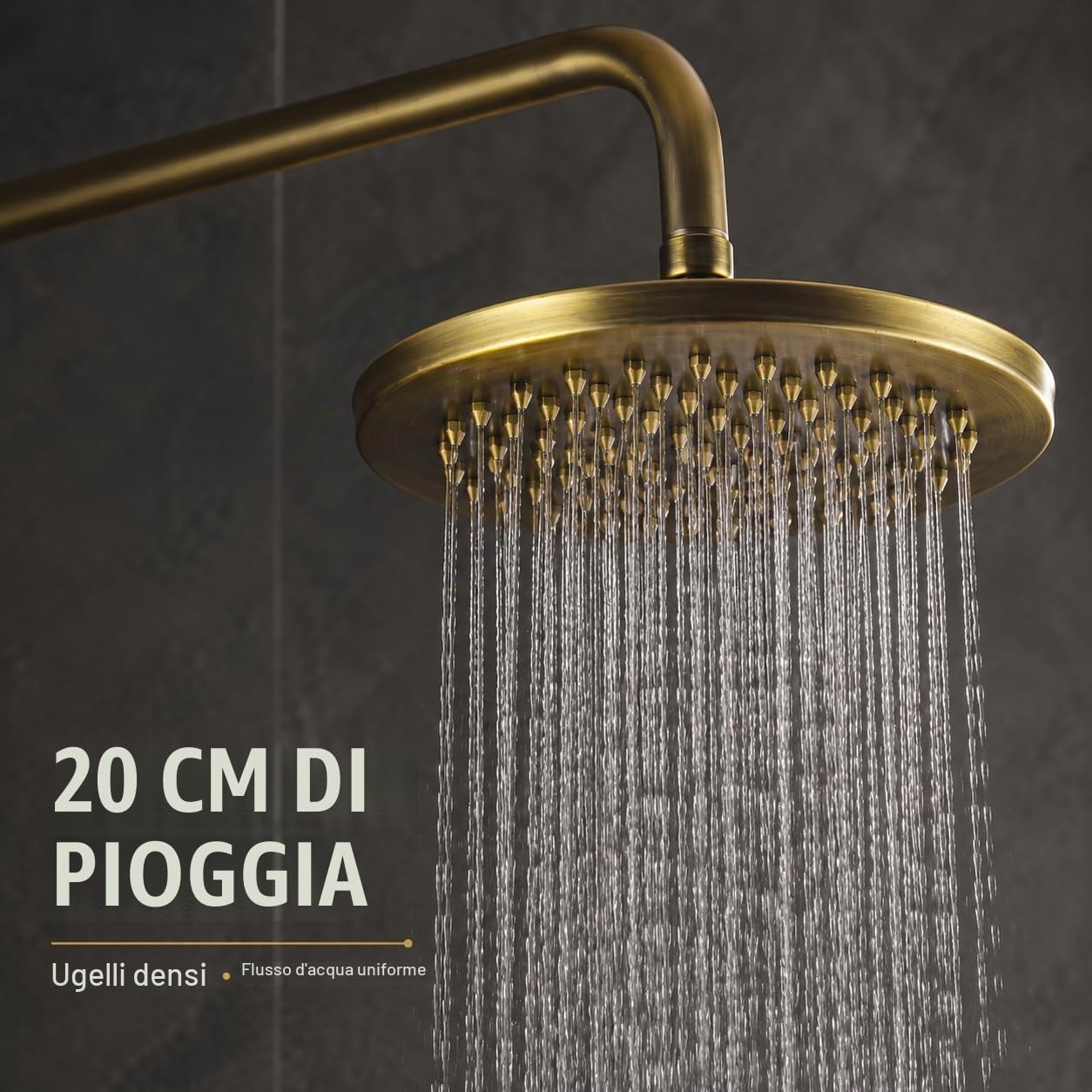 Doccia a Incasso Sistema Parete con Soffione Pioggia Quadrato 20cm, Doccetta a Mano, Rubinetto Vasca e Asta Doccia Regolabile in Finitura Bronzo