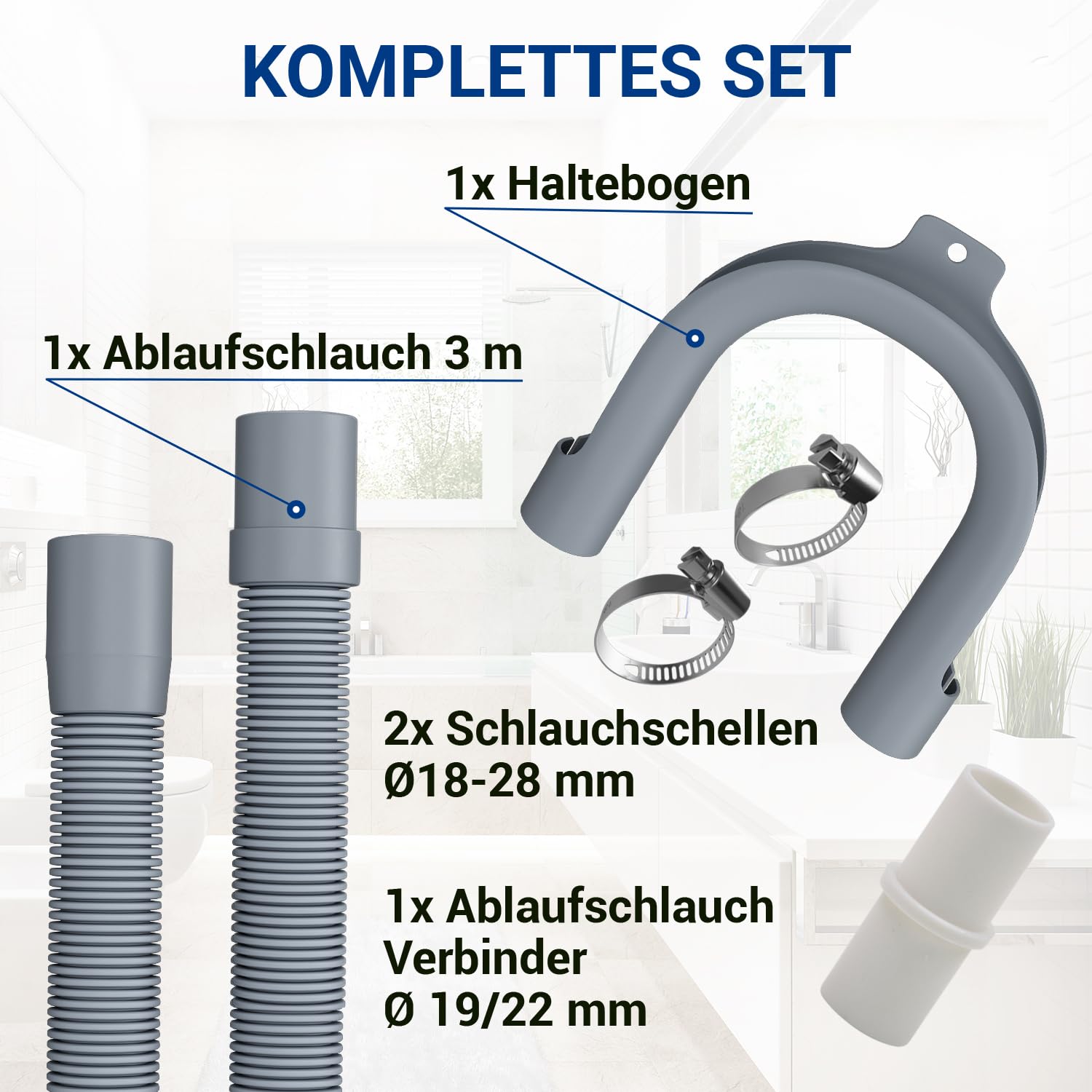 VIOKS Zestaw elastycznych ściekowych węży do zmywarki 3 m 19/22 mm Ø + 2 x zaciski obejmy + 1 x łącznik węża + 1 x łuk mocujący + wąż odpływowy