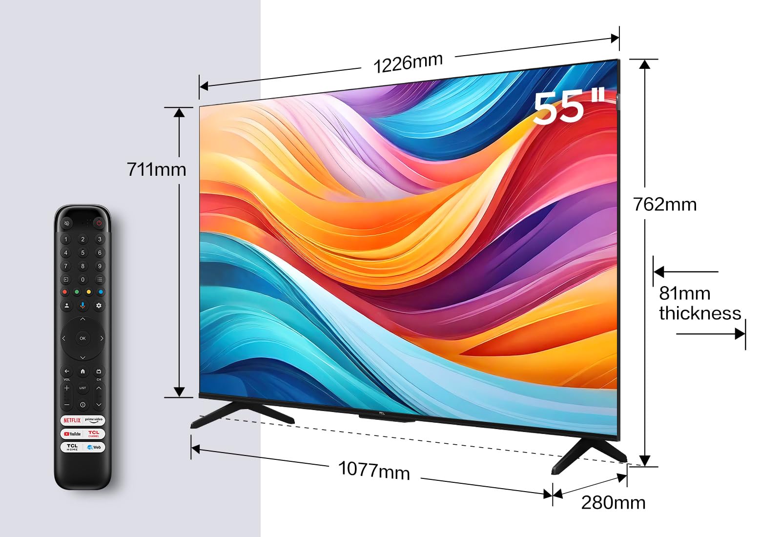 TCL 55T7B Téléviseur QLED Pro 55 pouces, 4K Ultra HD, HDR Pro, Smart TV Powered by Google TV (Dolby Vision & Atmos, Motion clarity, Hands-Free Voice Control, compatible avec Google assistant & Alexa).