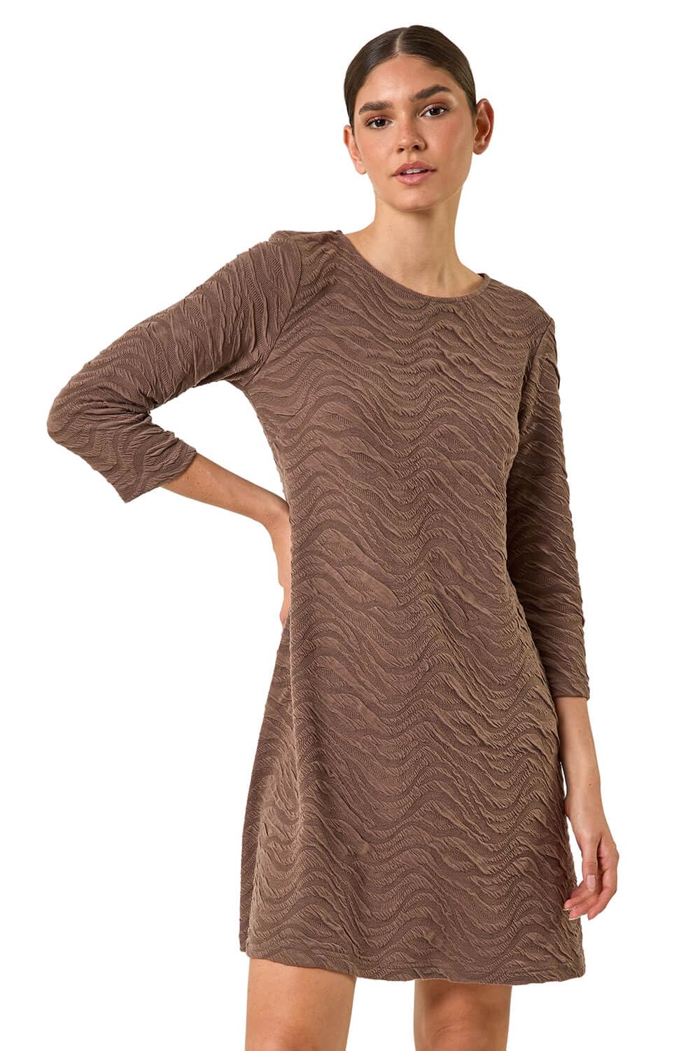 Roman Women's Taupe Wave Textured Stretch A-Line Dress In | : Size 16