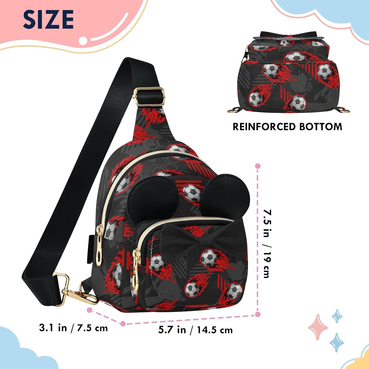 Sinestour Soccer Ball Kids Sling Bag for Girls, 3.1"x5.7"x7.5" | Crossbody Fanny Pack, Toddler Purse, Cute Sling Belt Bag with Ears, 2L Small Shoulder Chest Bag for Travel