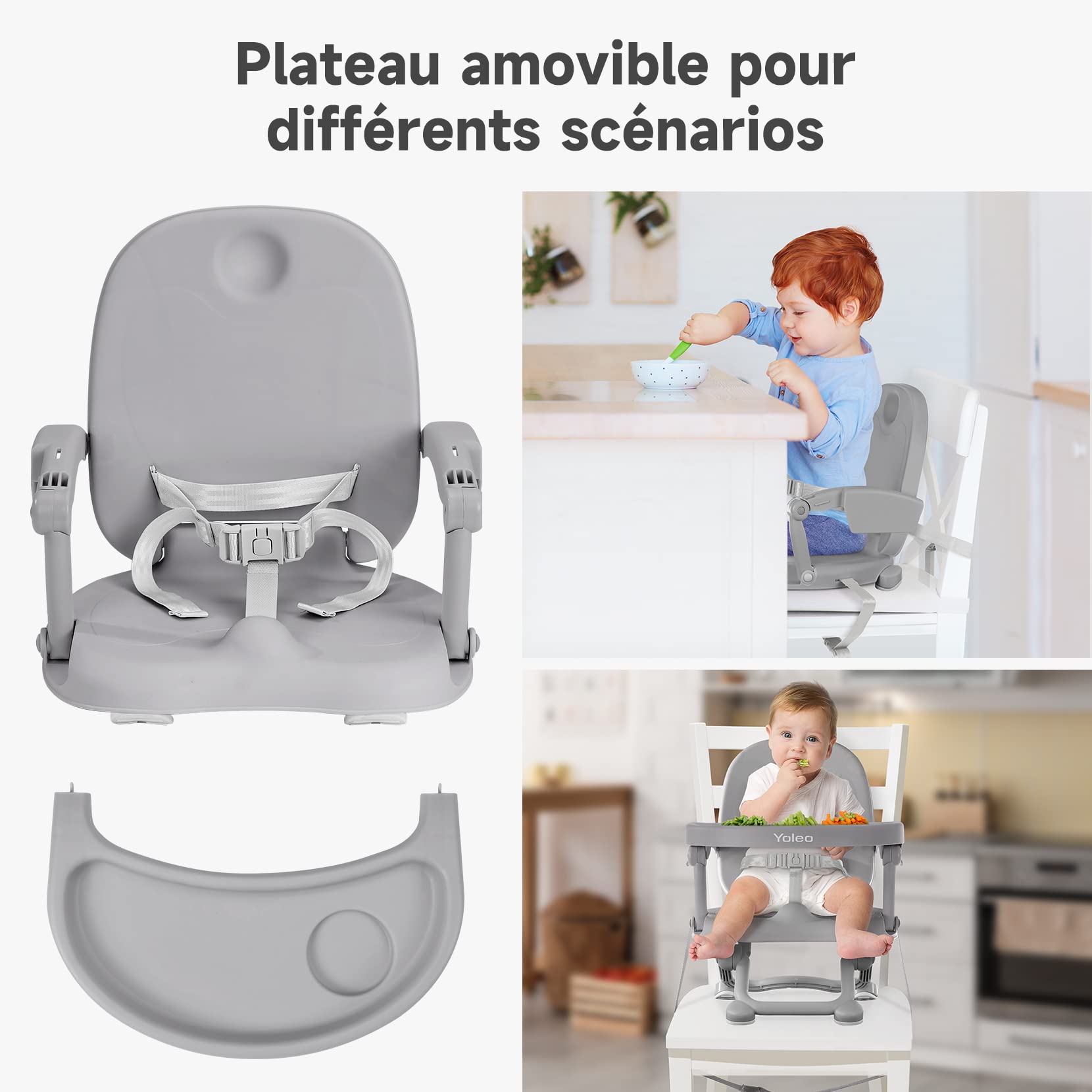 YOLEO Réhausseur Chaise Enfant Pliable, Chaise Haute Bébé Portable, Siège, Chaise repas en Hauteur Réglable, Plateau Amovible, 6 mois à 3 ans, Gris