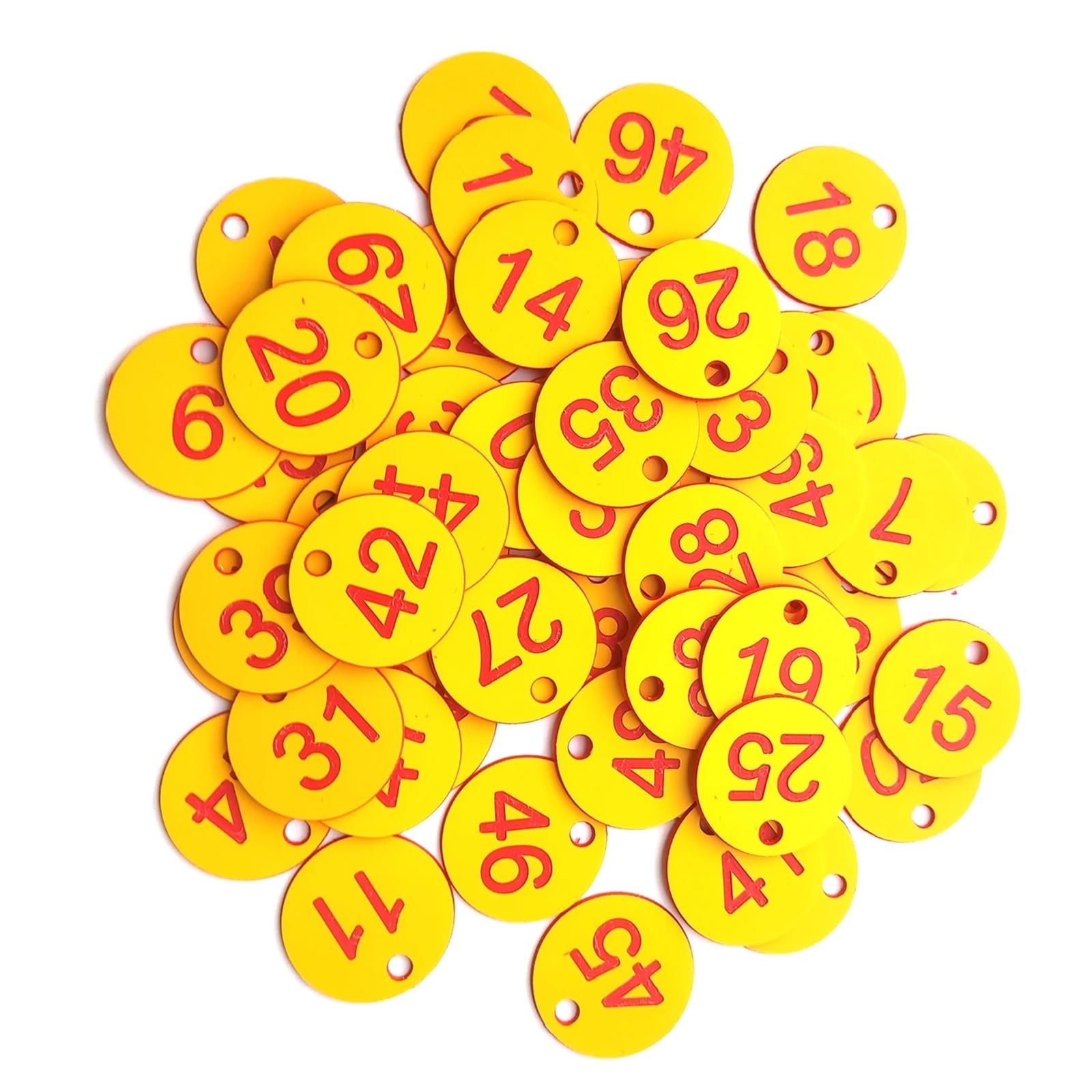 GPDNBIEU Numbered labels, 100 pcs 1-100 Plastic Number Tags with Hole Multicolor 3.5cm(Light Yellow)