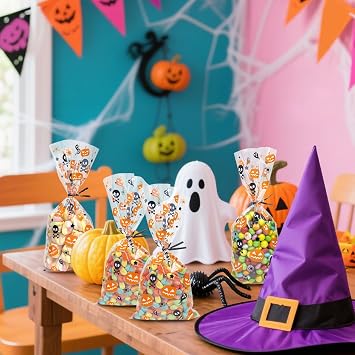 Morepack Halloween Cellophane Treat Bags 5x11 In Clear Candy Bags 120 Pcs | Cello Bags with Twist Ties for Trick or Treat Party Favors
