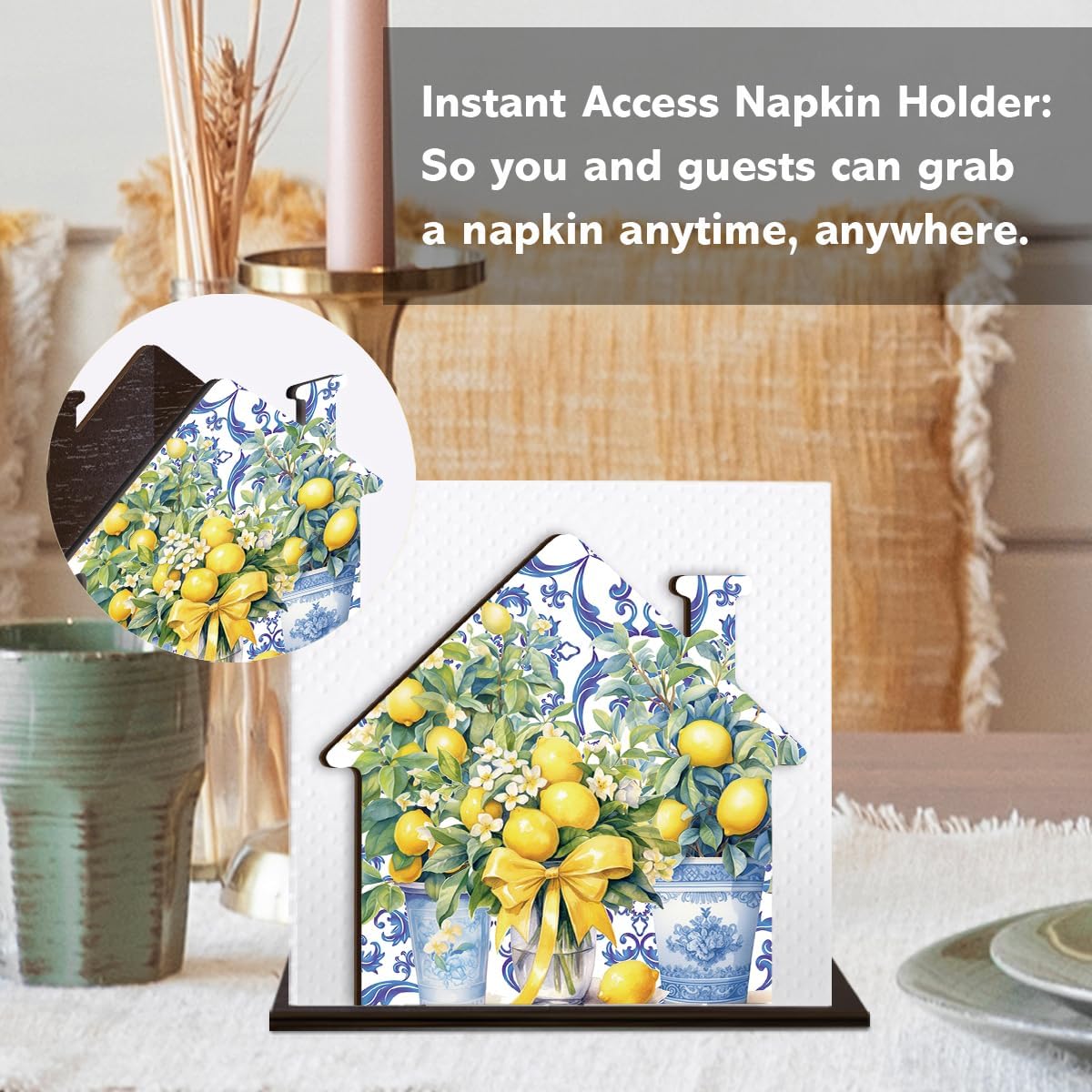 Summer Lemon Napkin Holder for Table Decor Mediterranean Italian Tuscan Lemon Wooden Napkin Holder for Home Kitchen Dining Room Decoration