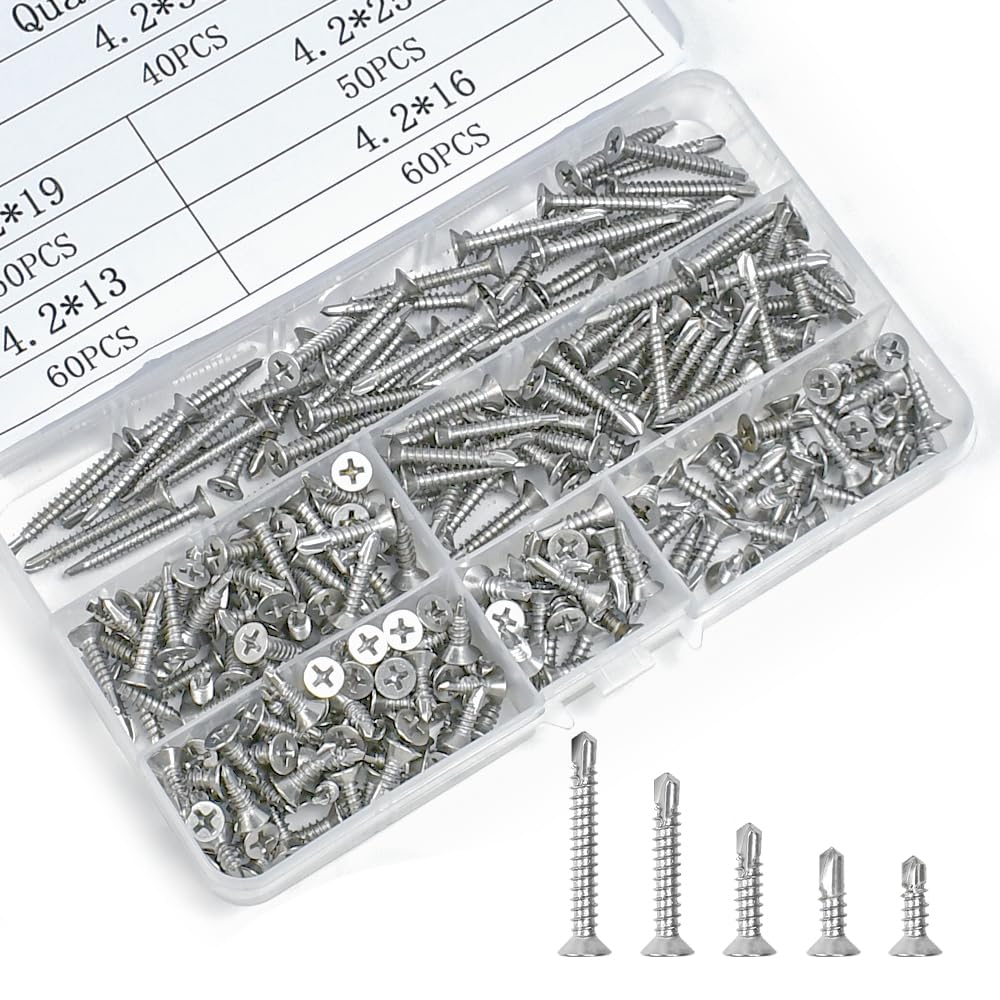 260 PCS Tornillos Autorroscantes de Acero Inoxidable 4.2 x 13/16/19/25/32 mm, Tornillos Autoperforantes de Cabeza Plana, Juego deTornillos Roscachapas para Metal, Láminas, Plástico y Madera