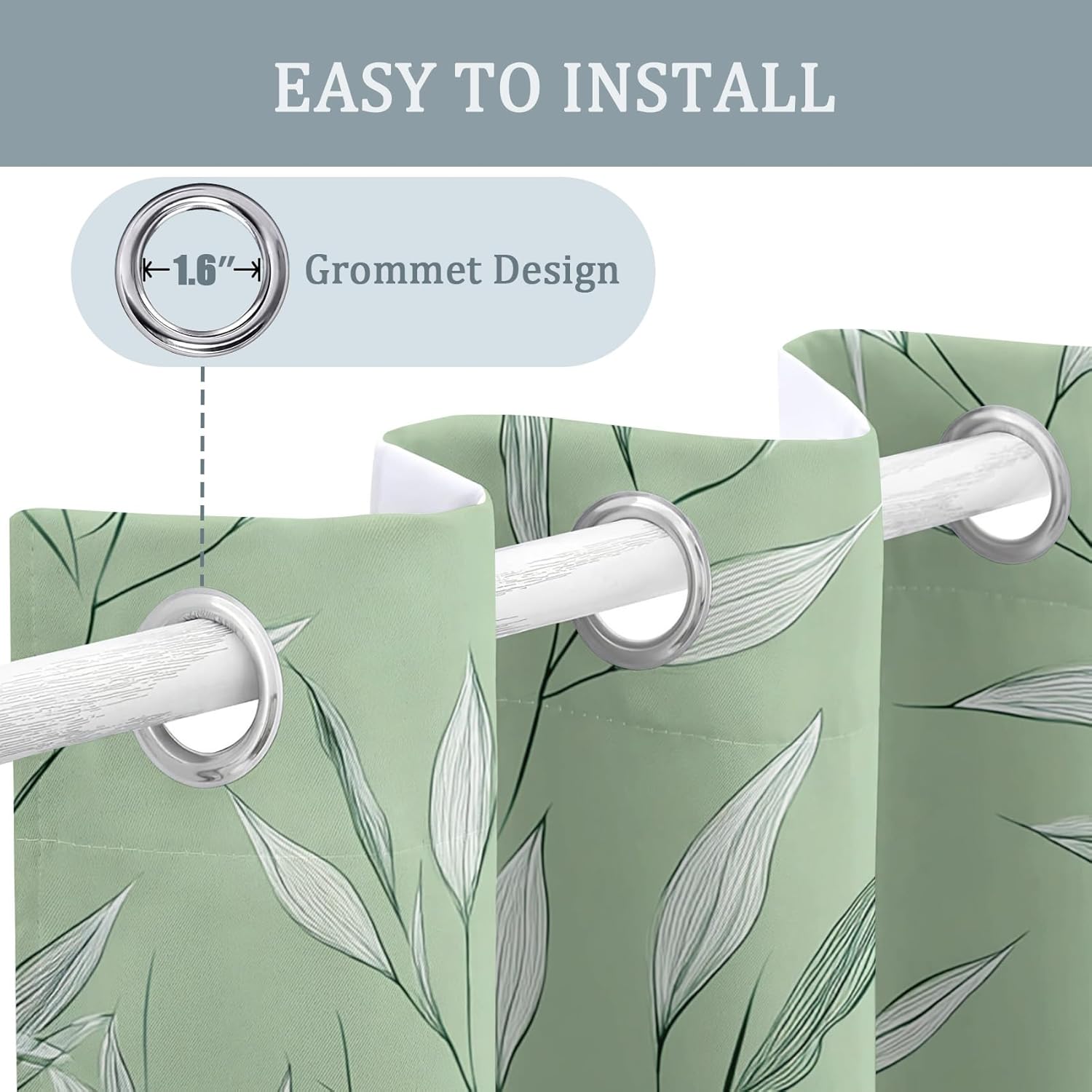 Leaf Sage Green Blackout Curtains for Bedroom, 63 Inch 2 Panels, Modern Leaves Printed Pattern, 95% Black Out Window Drapes for Living Room, Leaf Sage Green Home Decor, Grommet Top KN382