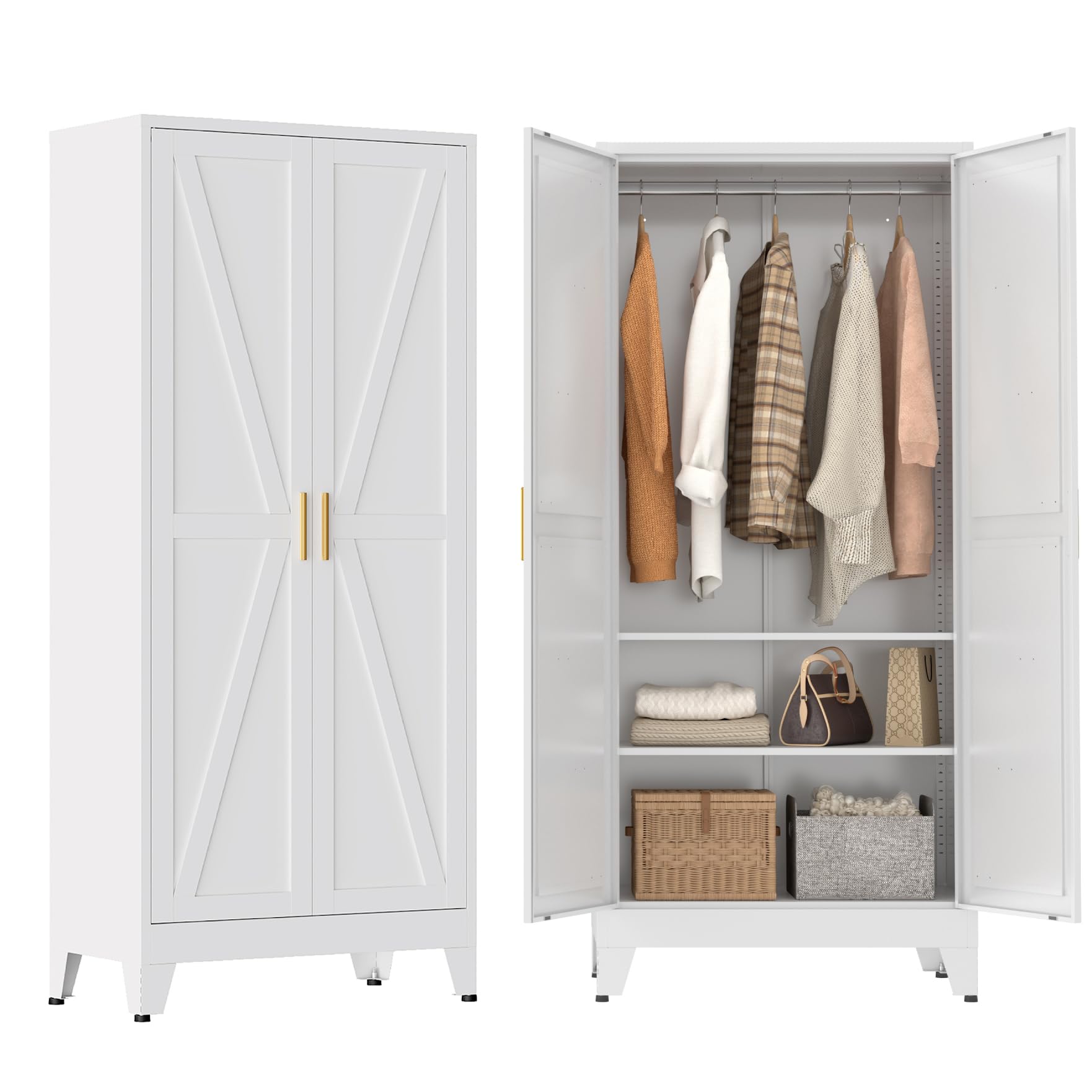 Metal Wardrobe Closet with Doors and Shelves, 71" Farmhouse Bedroom Armoire with Hanger Rod and Clothing Shelf, White Steel Wardrobe Cabinet Storage