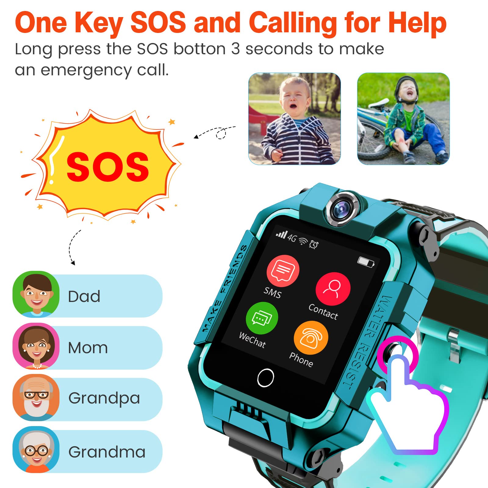 Ele Smart 4G Watch GPS per Bambini, Orologio con Doppia Fotocamera a 360°, Videochiamata WiFi, Contapassi SOS, Impermeabile IP67