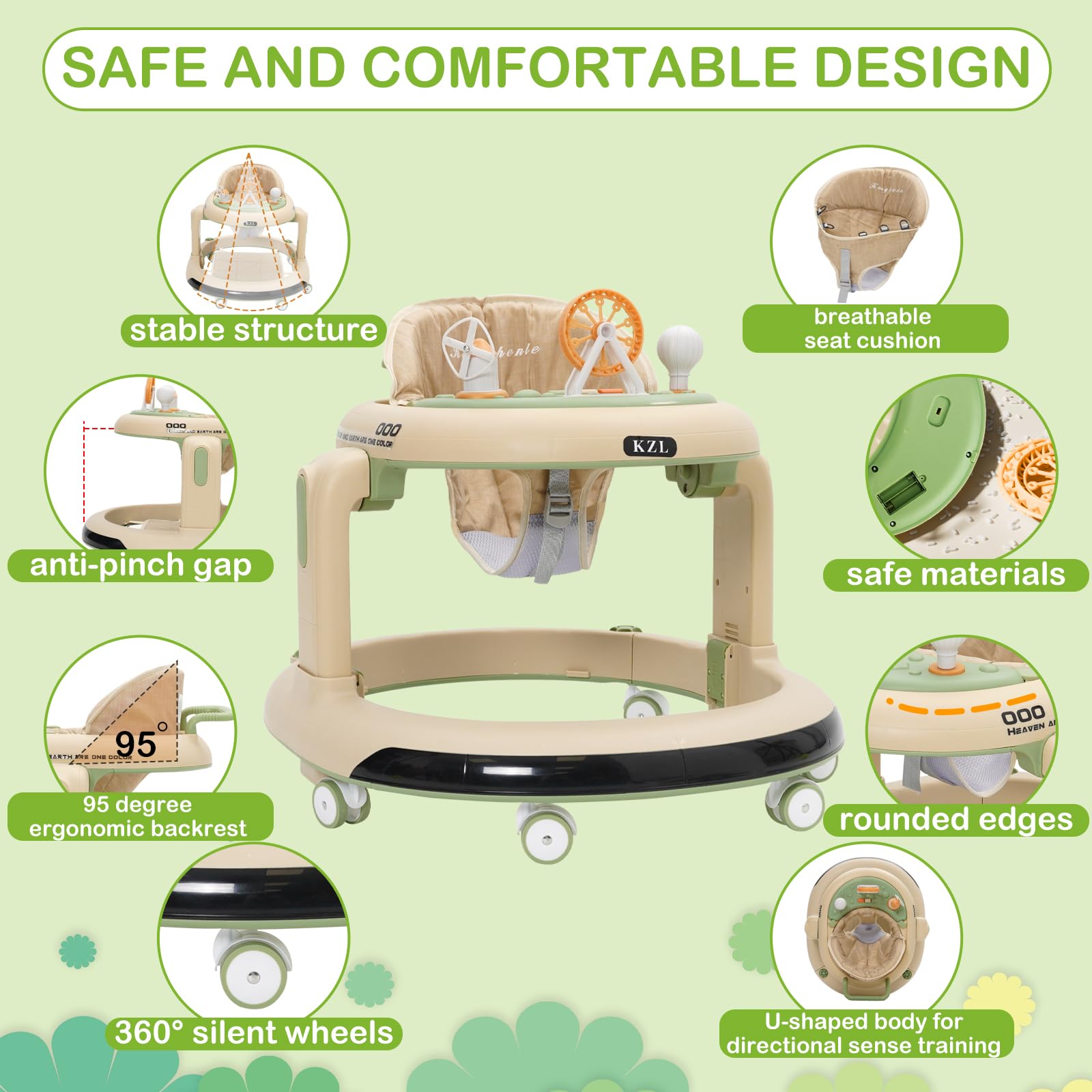3 en 1 Trotteur Bébé,Babywalker avec 6 Hauteurs Réglables, Trotteur avec Roues Silencieuses à 360°,Plateau Repas et Plateau d'activités Musical Amovible, 6 Mois et plus(Vert)