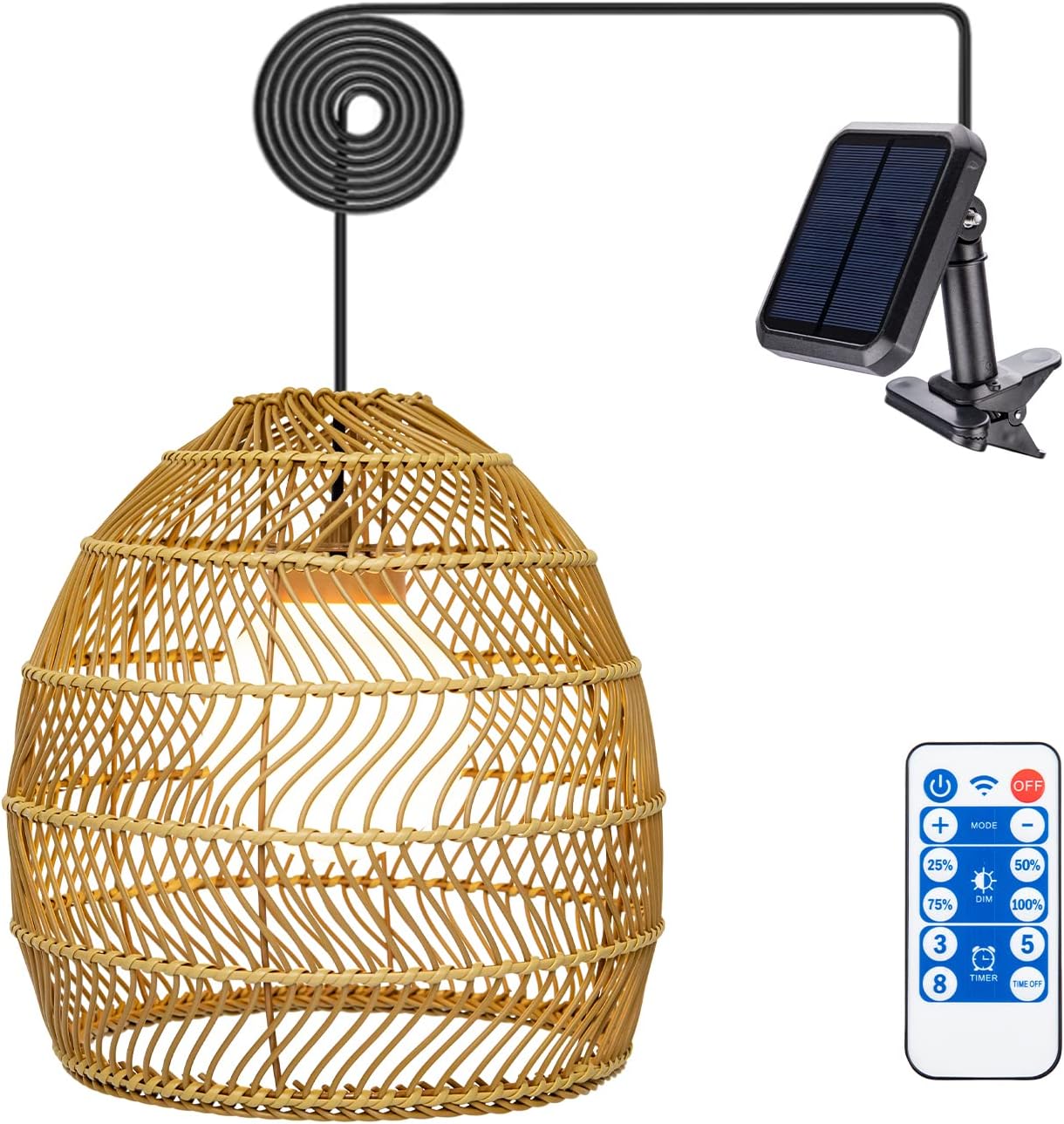 Outdoor Rattan Lantern Solar Chandelier Outdoor Pendant Lights Solar Hanging Lantern with Remote Outdoor Waterproof Pendant Lights for Gazebo Porch Patio