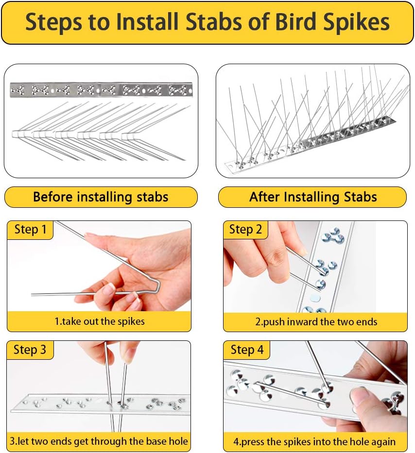 Bird Spikes for Pigeons Small Birds Cat, 30Feet Bird Spikes Stainless Steel Bird Deterrent Spikes 28 Strips
