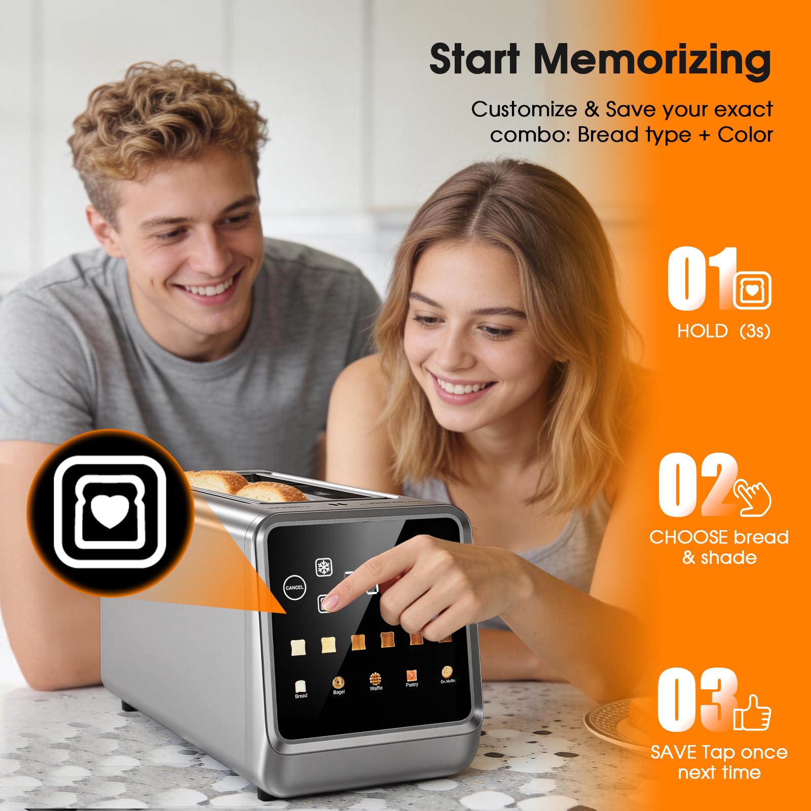 Long Slot Toaster 4 Slice with Touchscreen, 2-Slot Extra Wide 1.5 Inch | Stainless Steel, 1400W, 2-Slot Smart Appliance, Single Mode, BreadID Tech, Digital Timer, For Bagel Waffle