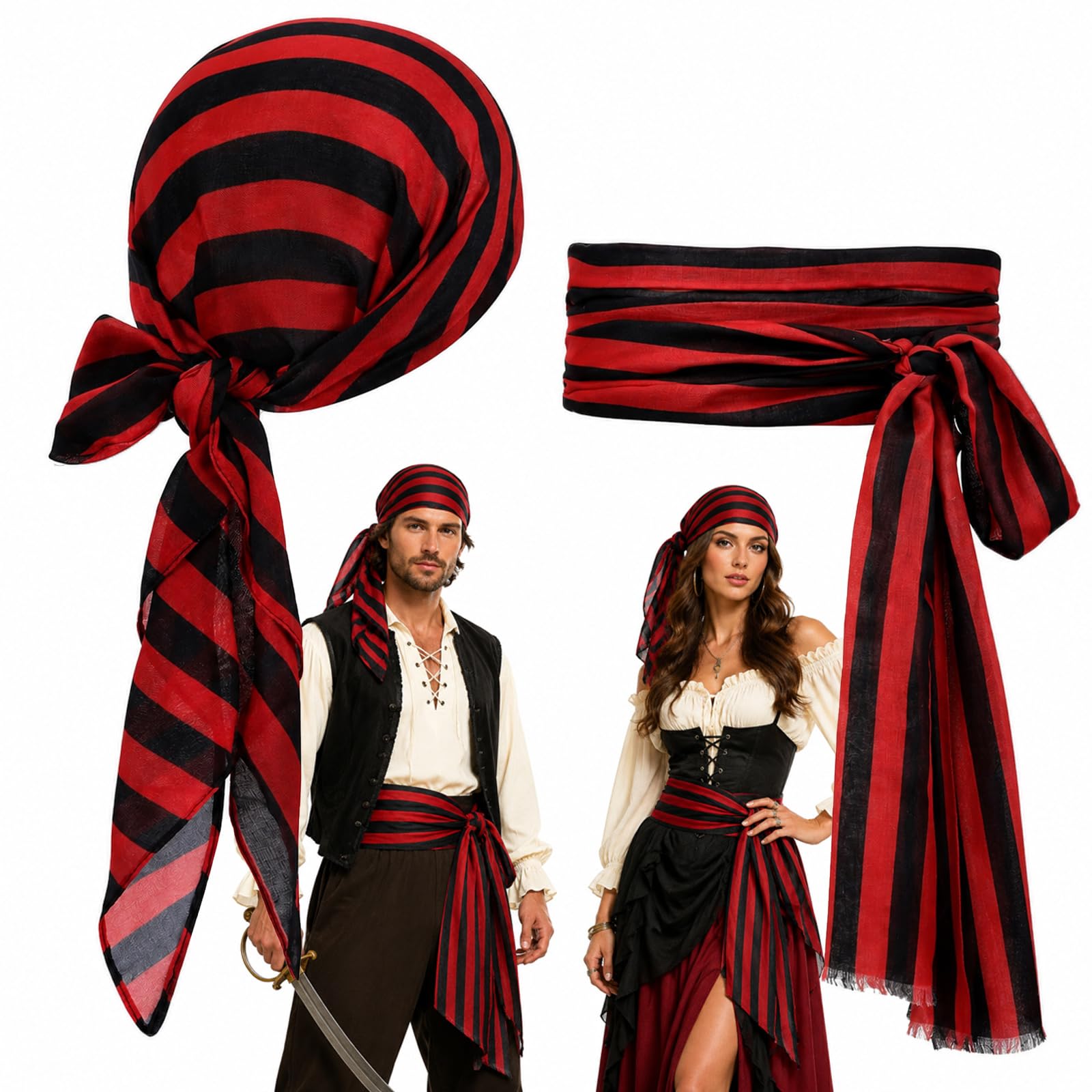 Red Black Striped Pirate Headscarf & Belt Set, Linen, Pre-Tied Elasticated