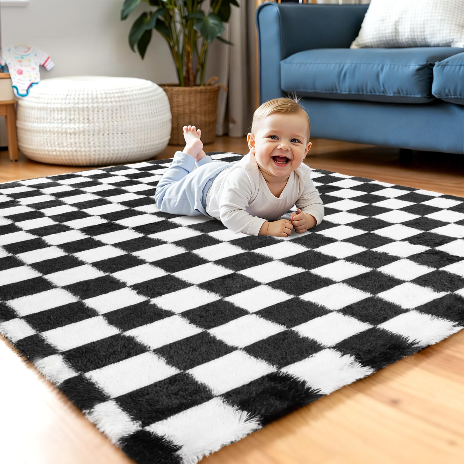 Enyhom Tappeto Salotto Scacchi Moderno 120 x 180 cm, Pelo Lungo Tappeto Camera da Letto Scendiletto Peluche Super Morbido Tappeti Salotto Antiscivolo Lavabile in Lavatrice Tappetino per Soggiorno