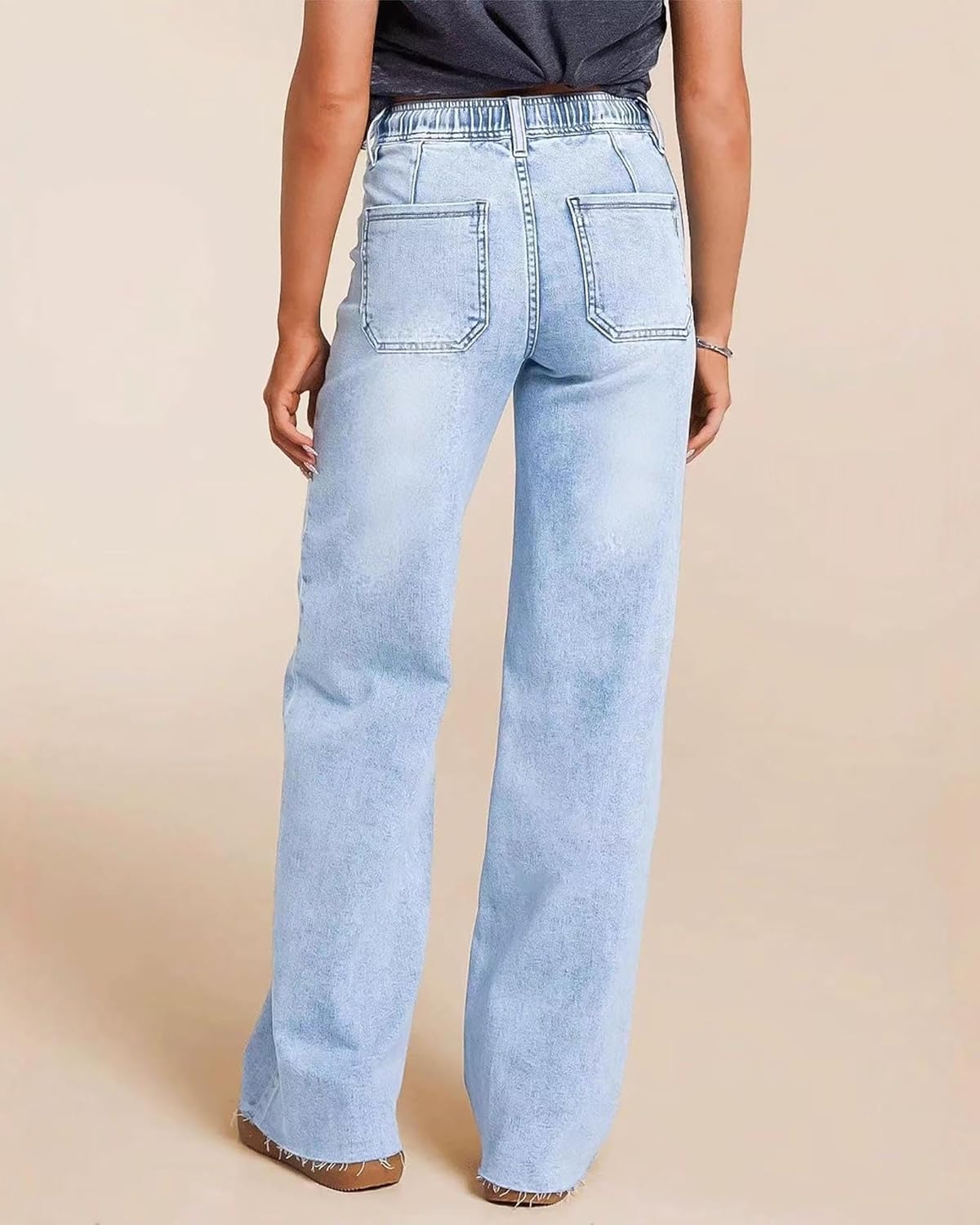 Women's Drawstring Straight Leg Jeans Trendy Elastic Waist Raw Hem Boyfriend Denim Pants